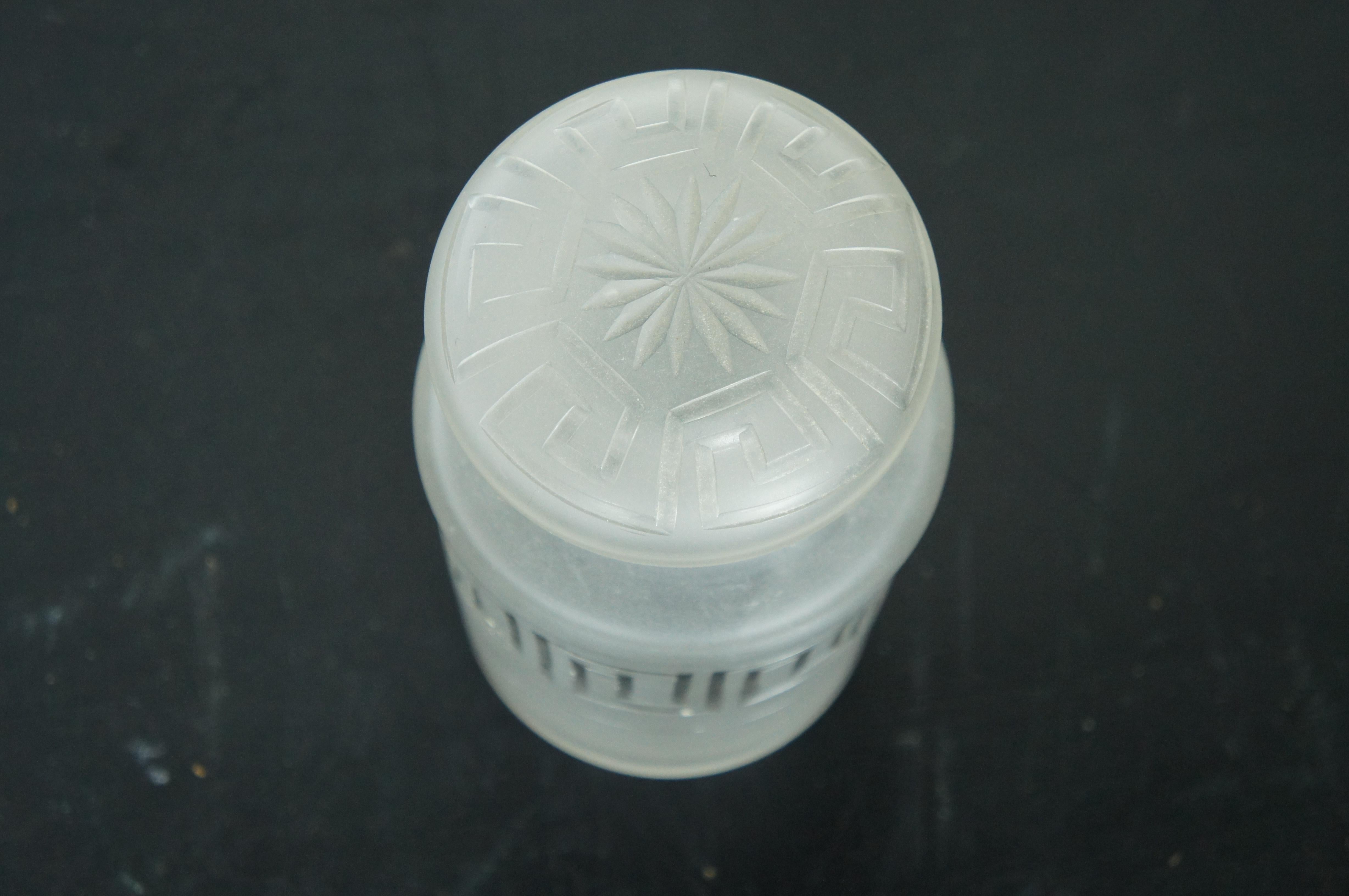 20th Century Antique Hand Blown Frosted Glass Greek Key Pickle Vanity Jar Canister 5.5