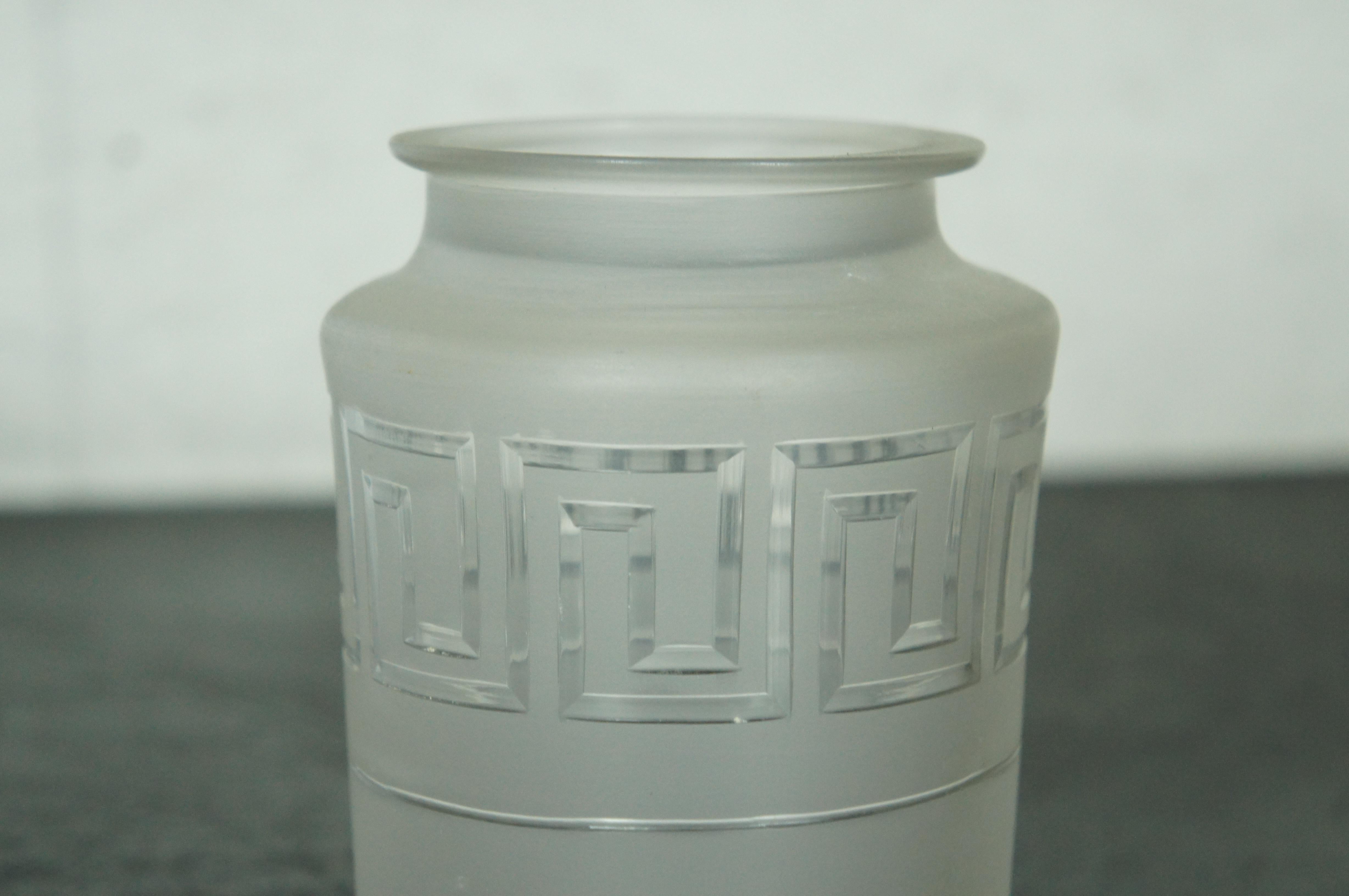 Antique Hand Blown Frosted Glass Greek Key Pickle Vanity Jar Canister 5.5