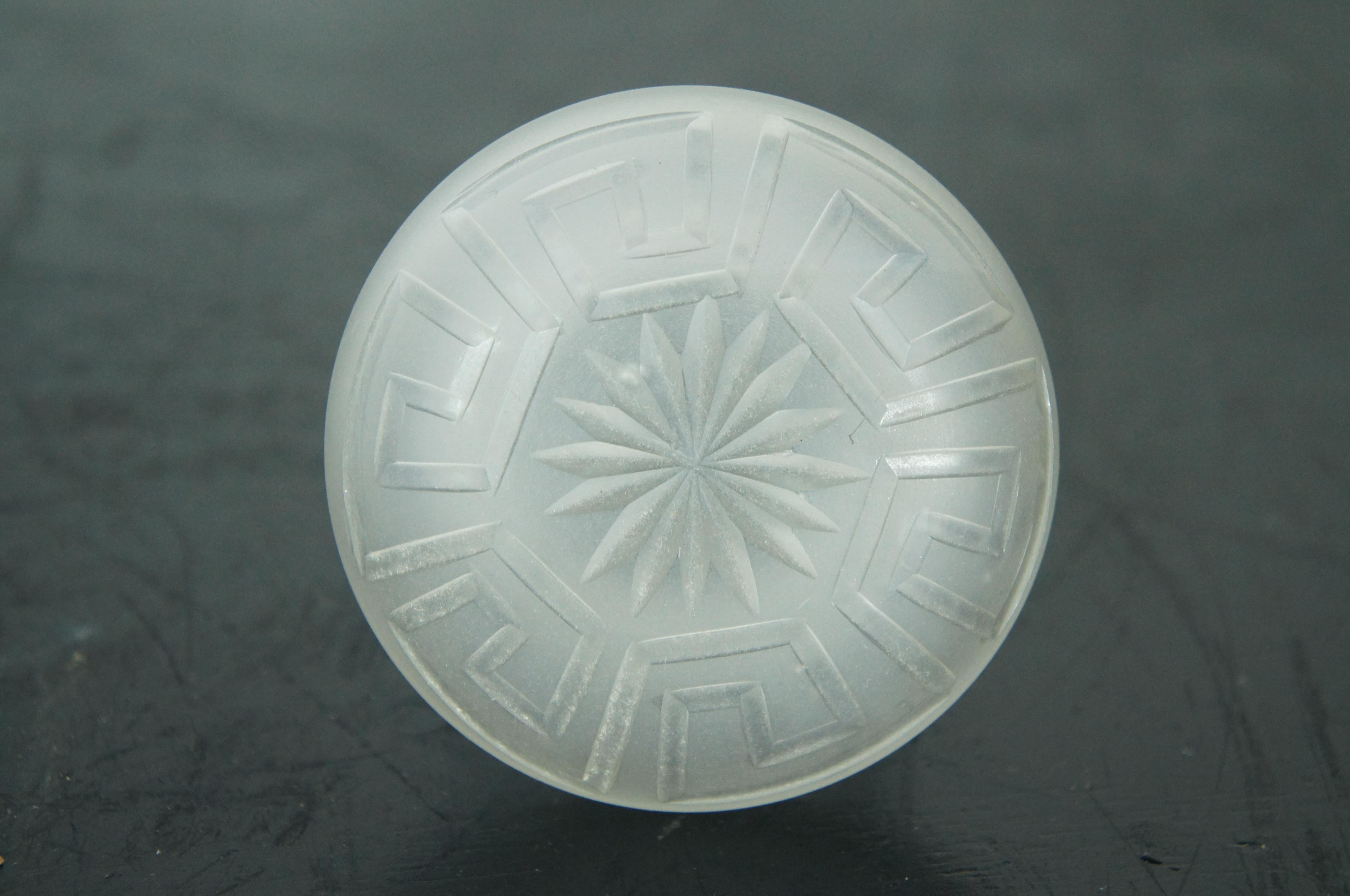 Antique Hand Blown Frosted Glass Greek Key Pickle Vanity Jar Canister 5.5