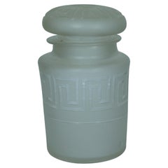 Antique Hand Blown Frosted Glass Greek Key Pickle Vanity Jar Canister 5.5"