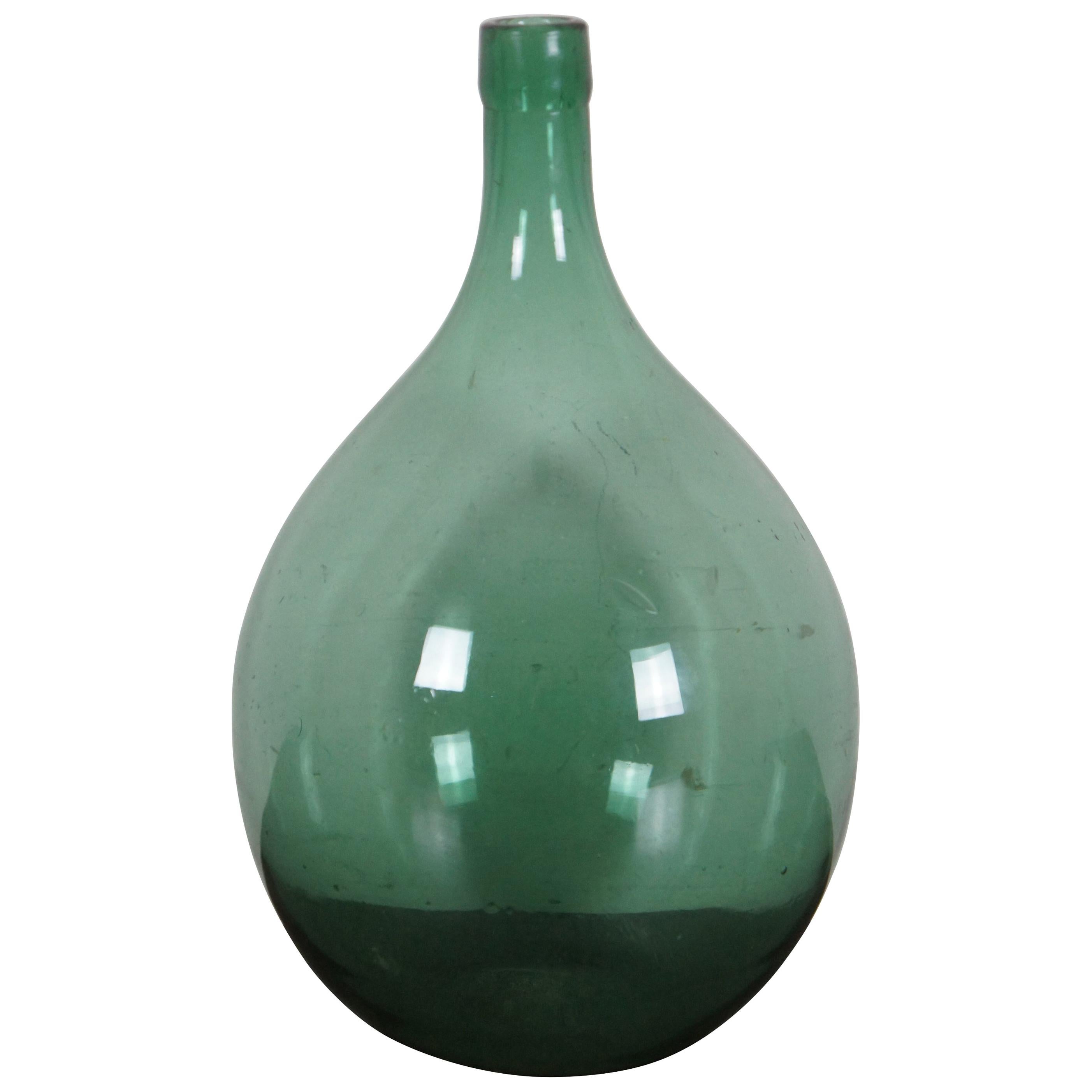 Antique Hand Blown Green Glass French Wine Demijohn Bonbonne Bottle Jug