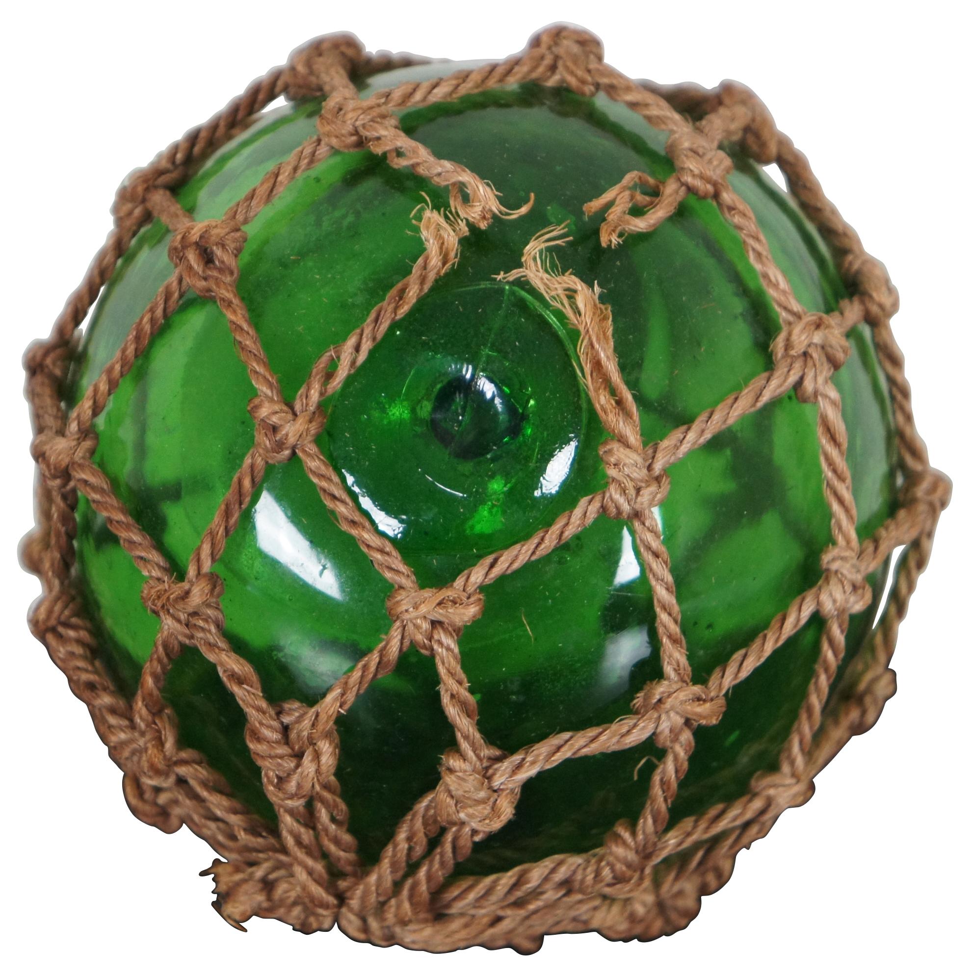 Japonisme Antique Hand Blown Green Glass Japanese Float Fishing Net Nautical Buoy Marker