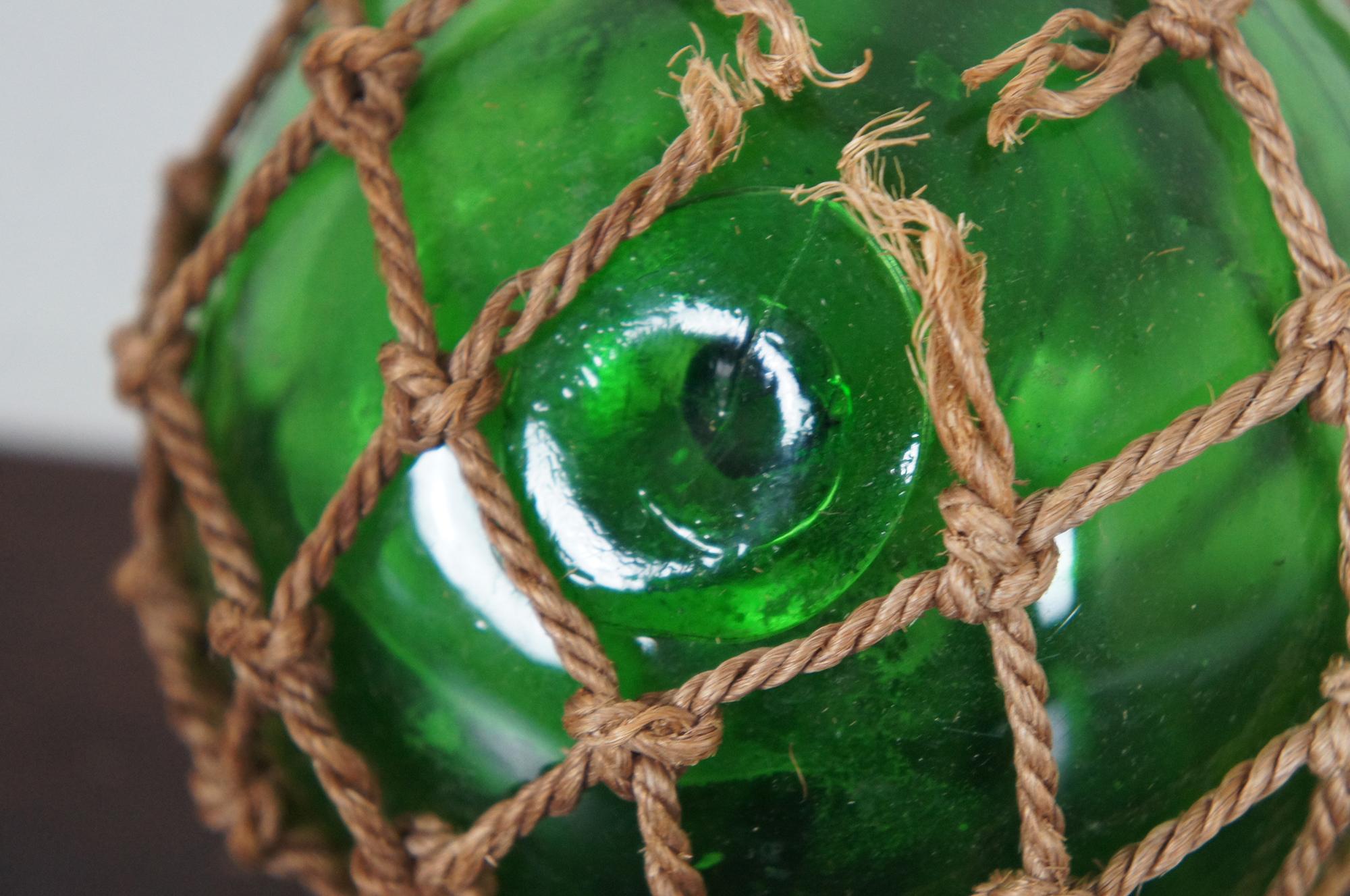 Antique Hand Blown Green Glass Japanese Float Fishing Net Nautical Buoy Marker In Good Condition In Dayton, OH