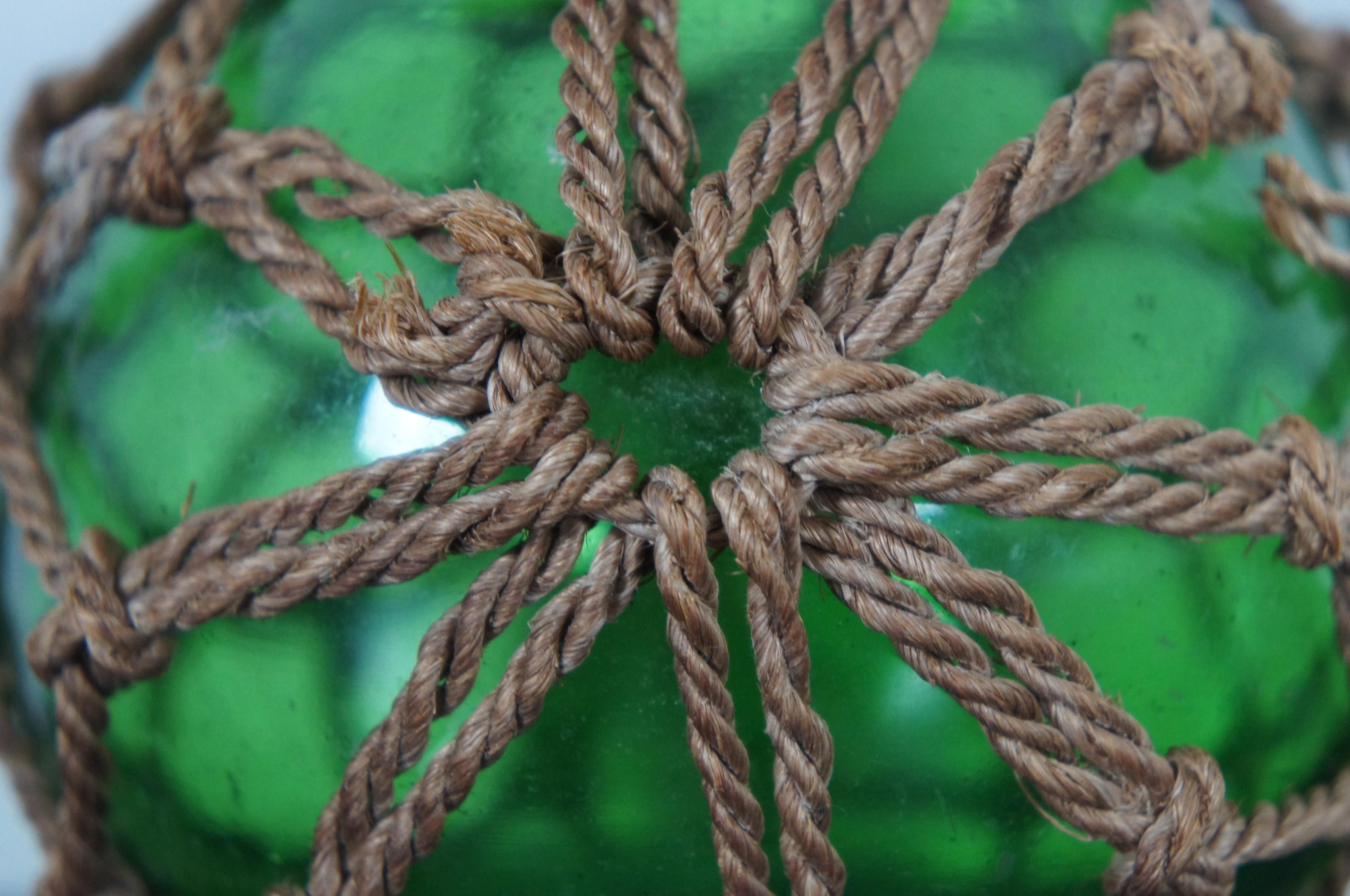 Jute Antique Hand Blown Green Glass Japanese Float Fishing Net Nautical Buoy Marker