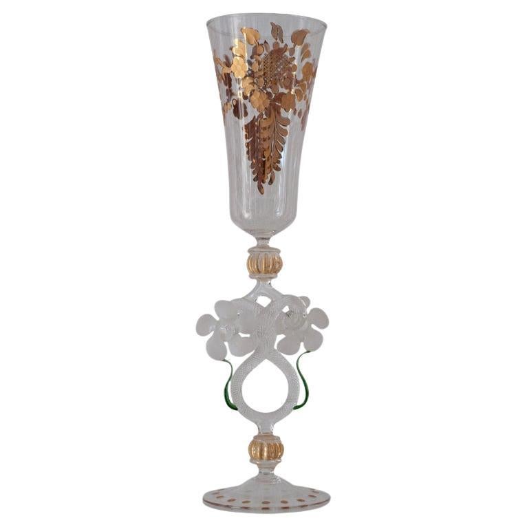 Antique Hand Blown Murano Glass Flute with Gilded Details and Flowers