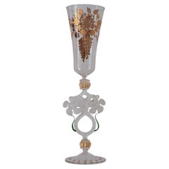 Antique Hand Blown Murano Glass Flute with Gilded Details and Flowers