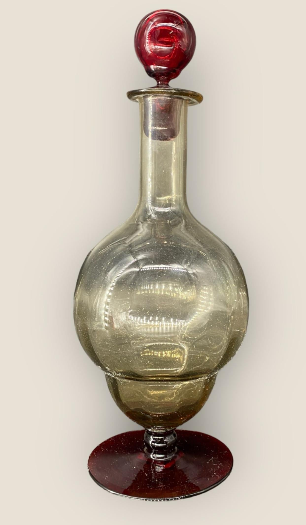 Antique Hand Blown Murano Italian Art Glass Ruby Footed Decanter 3