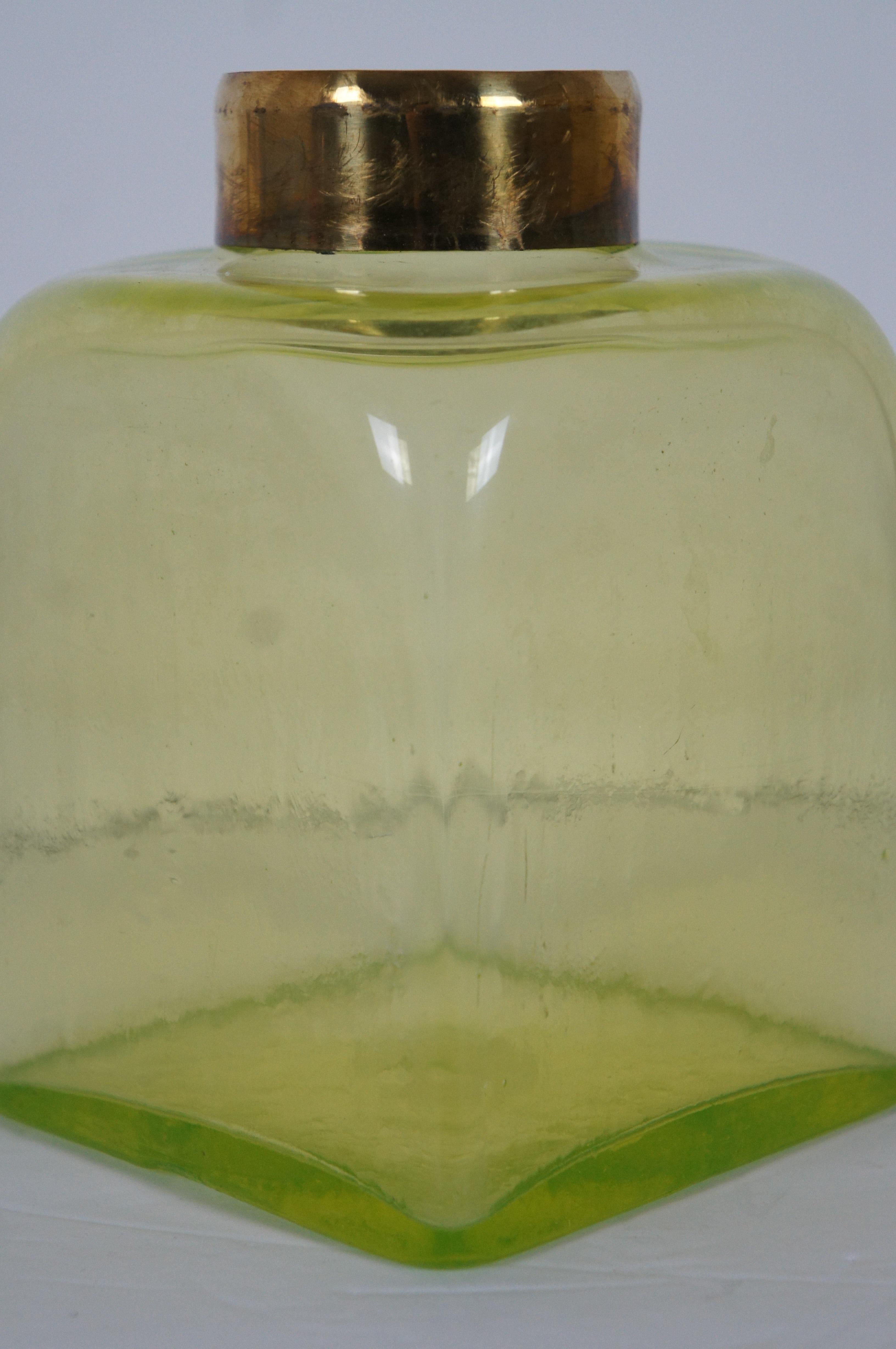 Brass Antique Hand Blown Uranium Vaseline Glass Apothecary Jar Canister with Lid