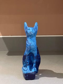 Antique Hand Carve Sculpture African Blue Marble Stone Figurine Cat Decorative