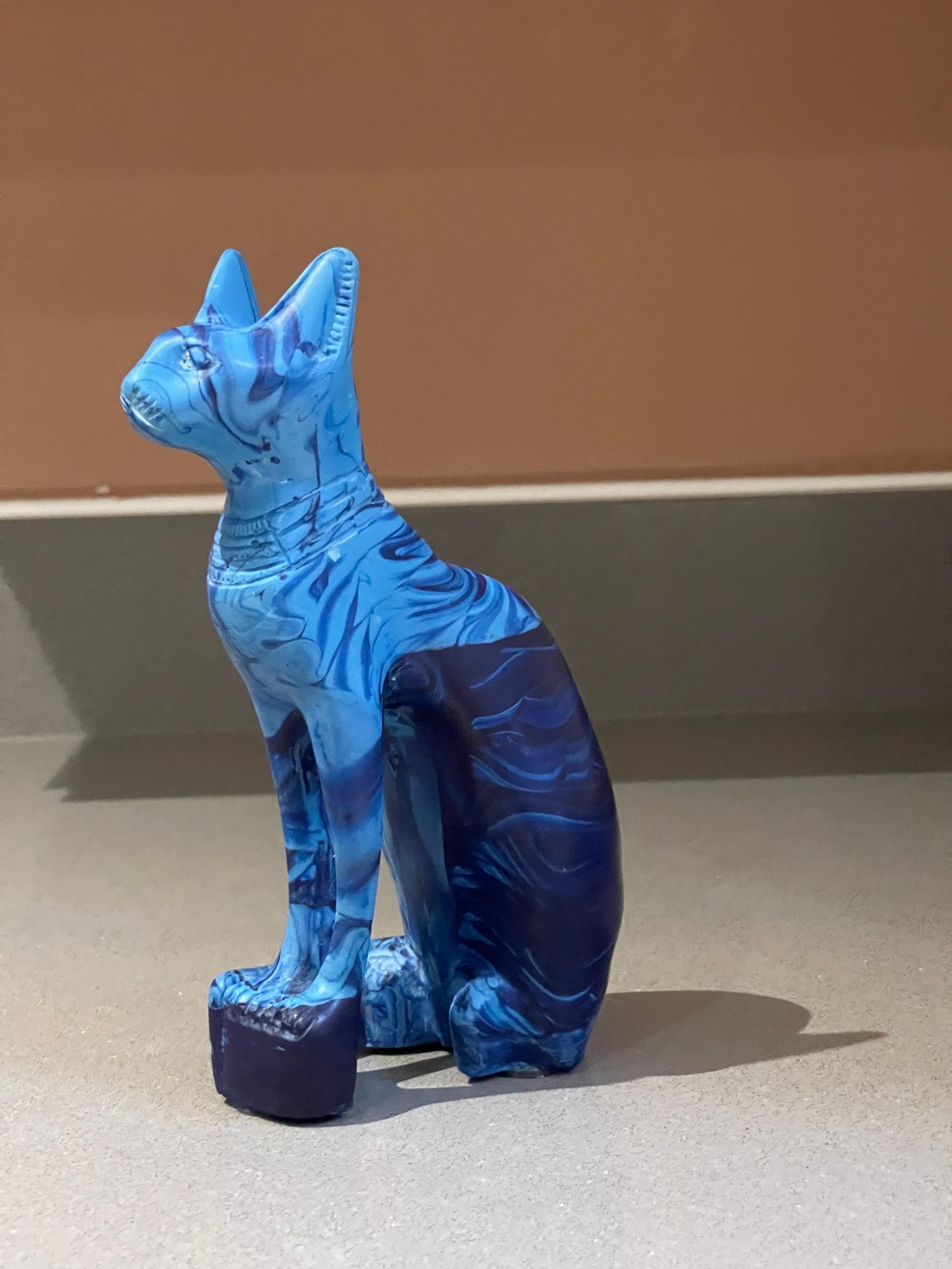 Art Deco Antique Hand Carve Sculpture African Blue Marble Stone Figurine Cat Decorative