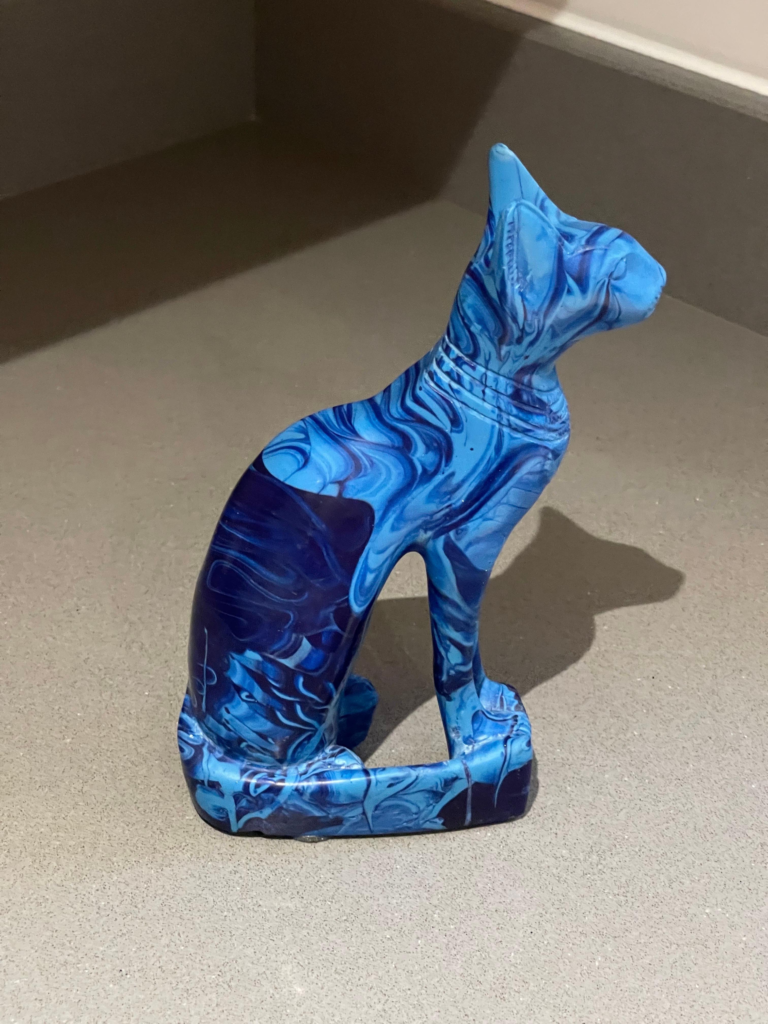 Carved Antique Hand Carve Sculpture African Blue Marble Stone Figurine Cat Decorative