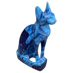 Antique Hand Carve Sculpture African Blue Marble Stone Figurine Cat Decorative