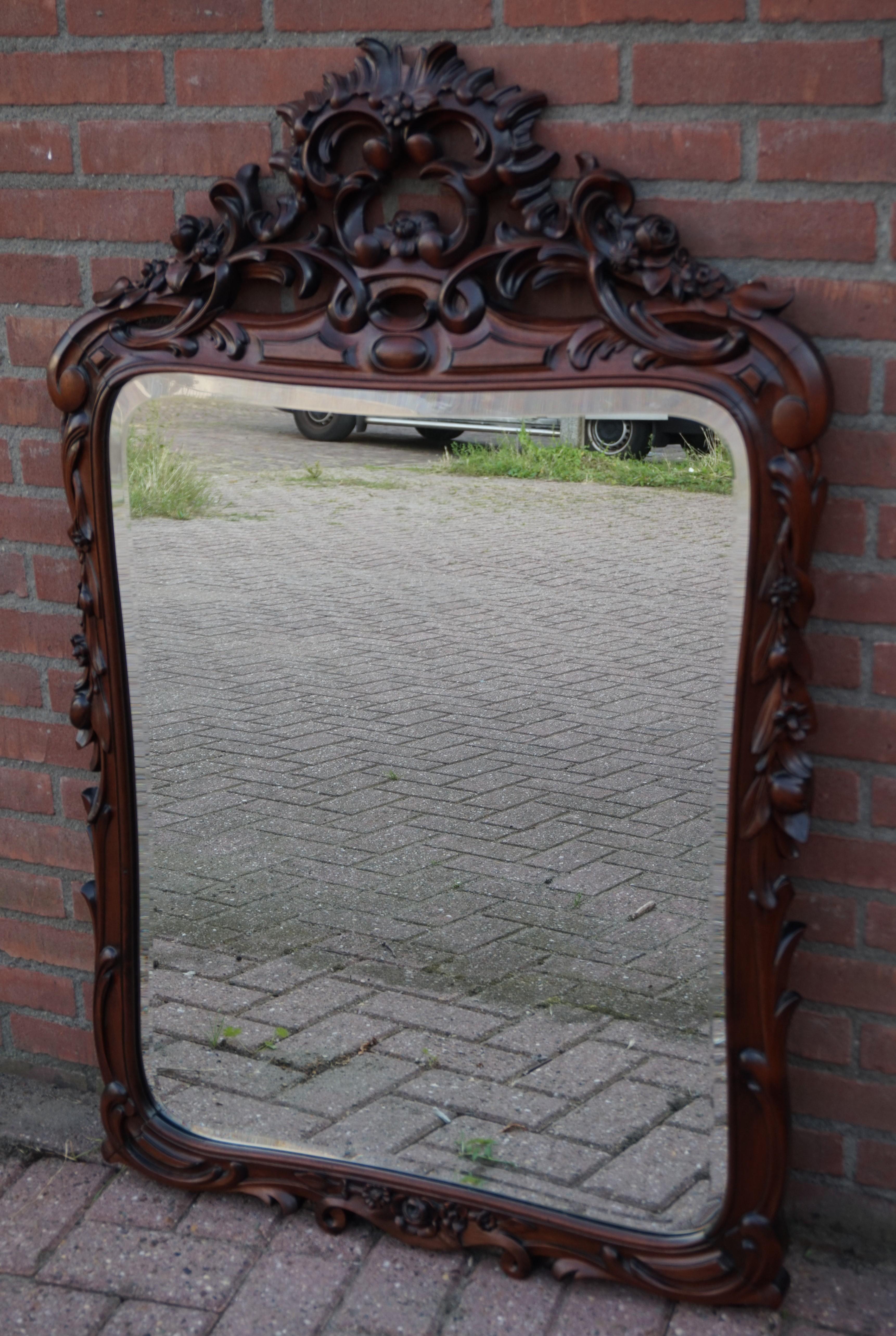 Antique Hand Carved 19th Century Nutwood & Beveled Wall or Fireplace Mirror For Sale 1
