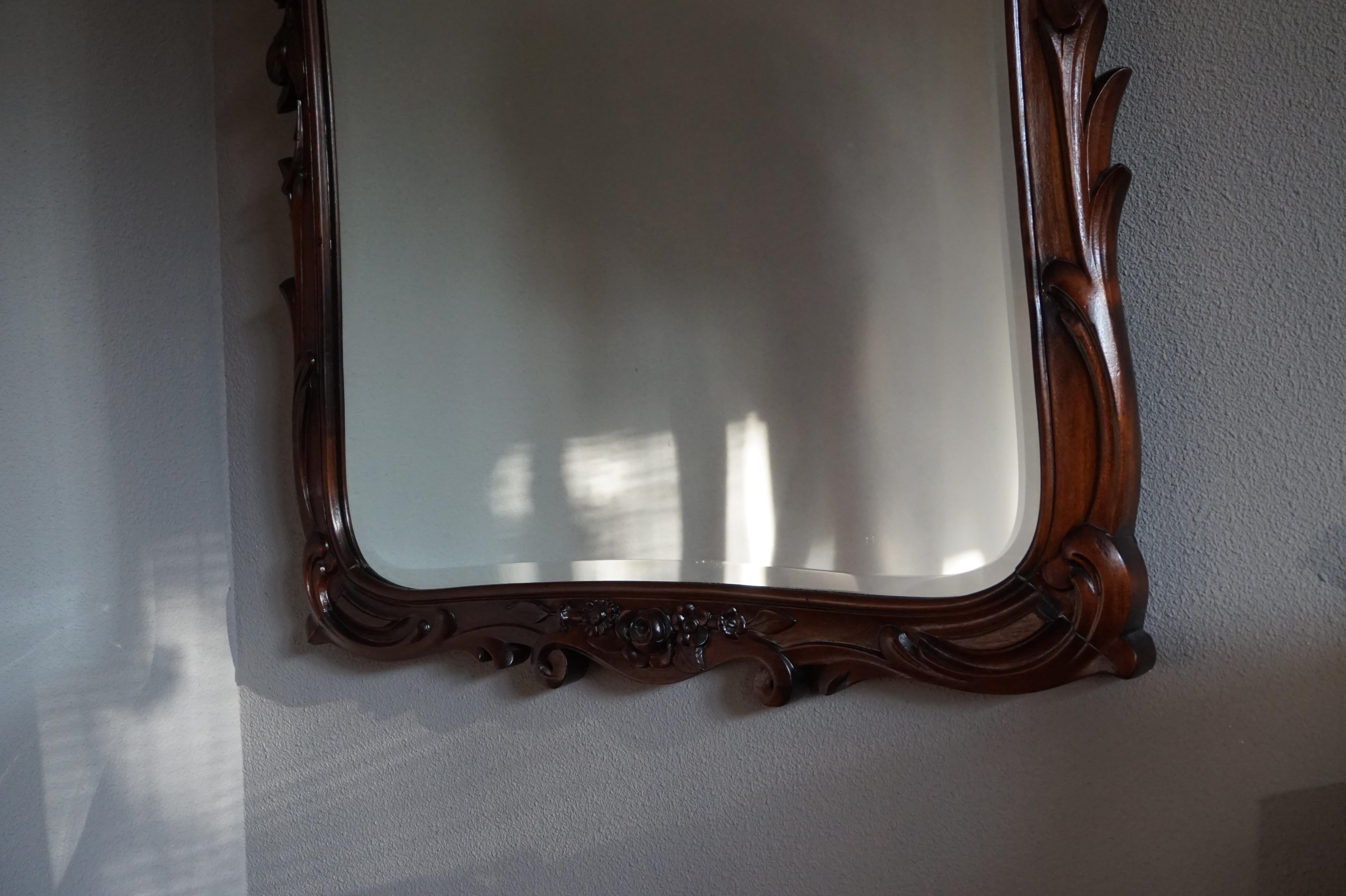 Antique Hand Carved 19th Century Nutwood & Beveled Wall or Fireplace Mirror For Sale 5