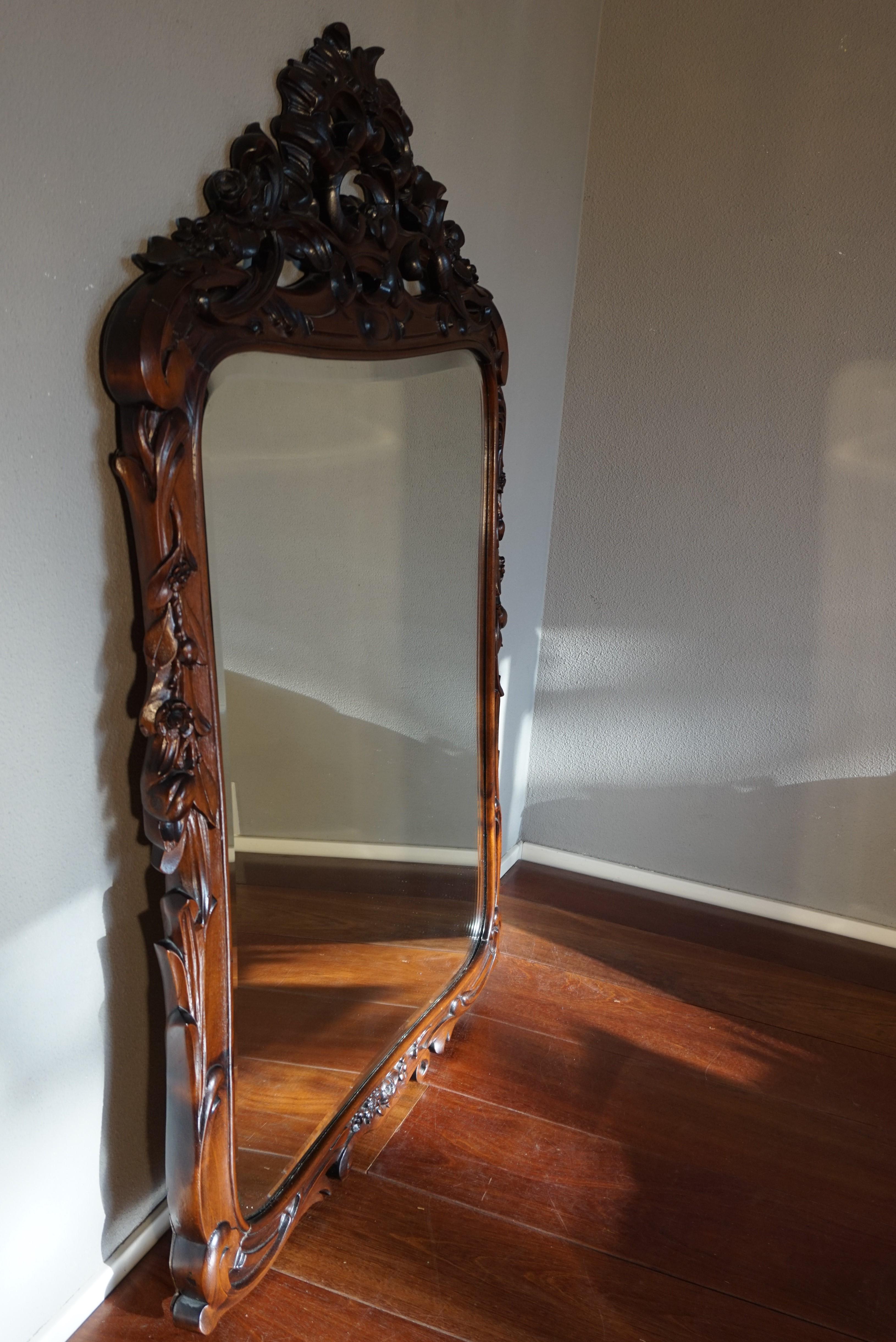 Antique Hand Carved 19th Century Nutwood & Beveled Wall or Fireplace Mirror For Sale 7
