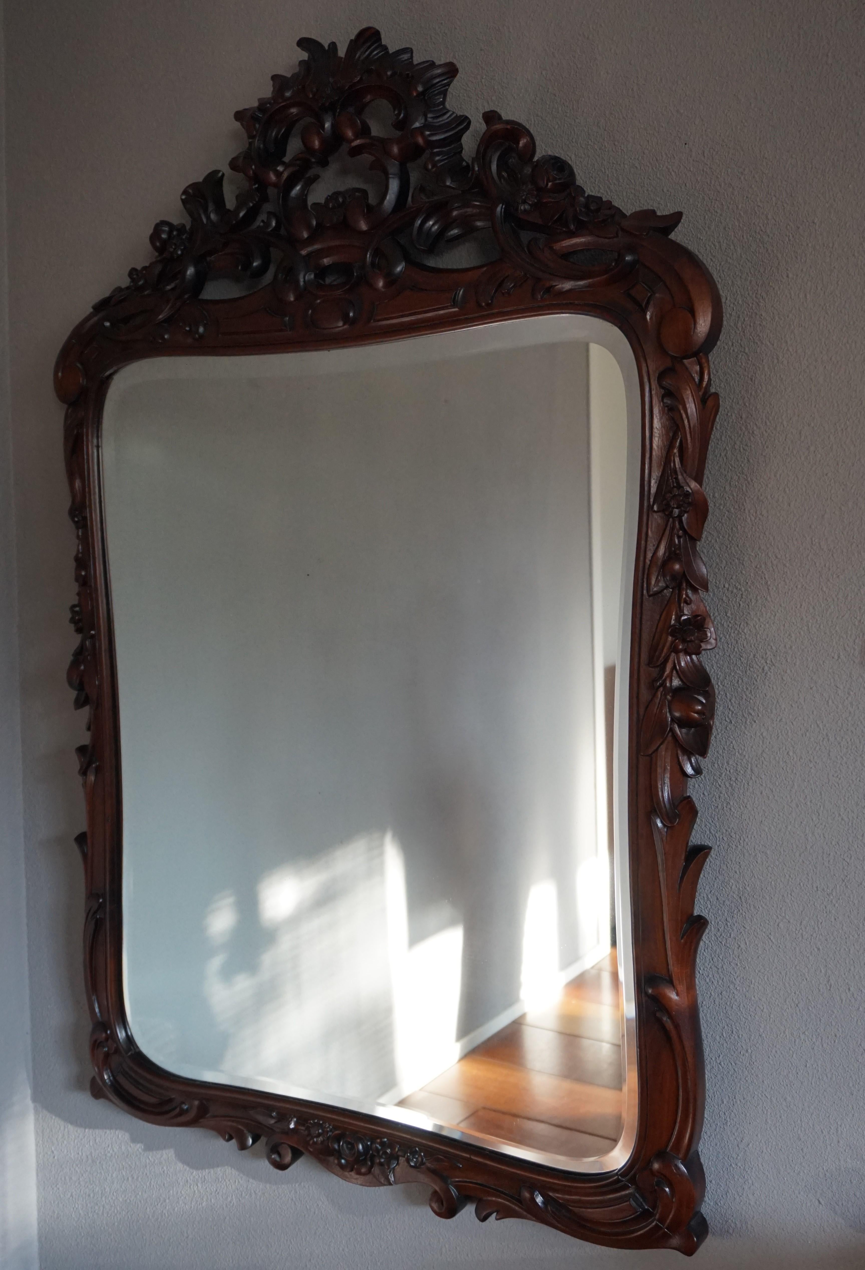 Antique Hand Carved 19th Century Nutwood & Beveled Wall or Fireplace Mirror For Sale 9