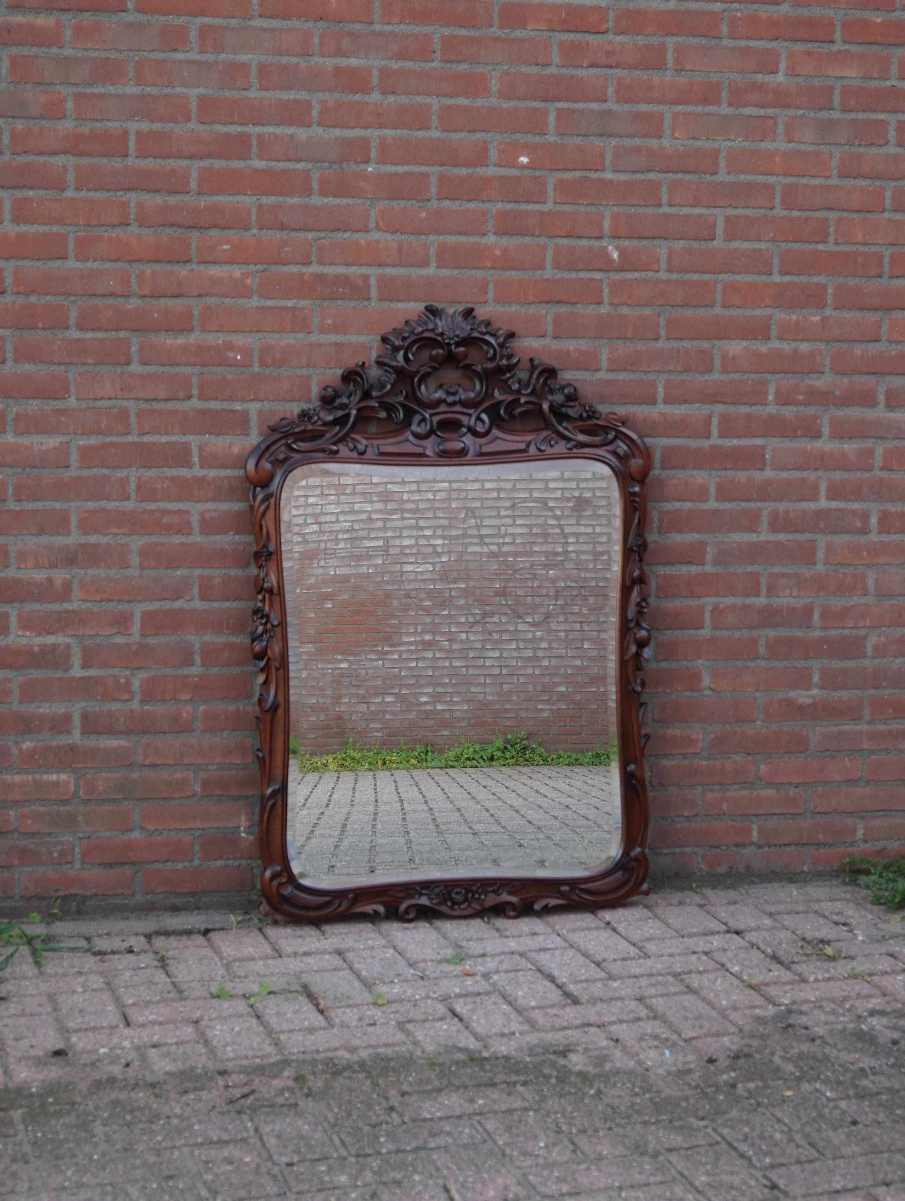 Antique Hand Carved 19th Century Nutwood & Beveled Wall or Fireplace Mirror For Sale 10
