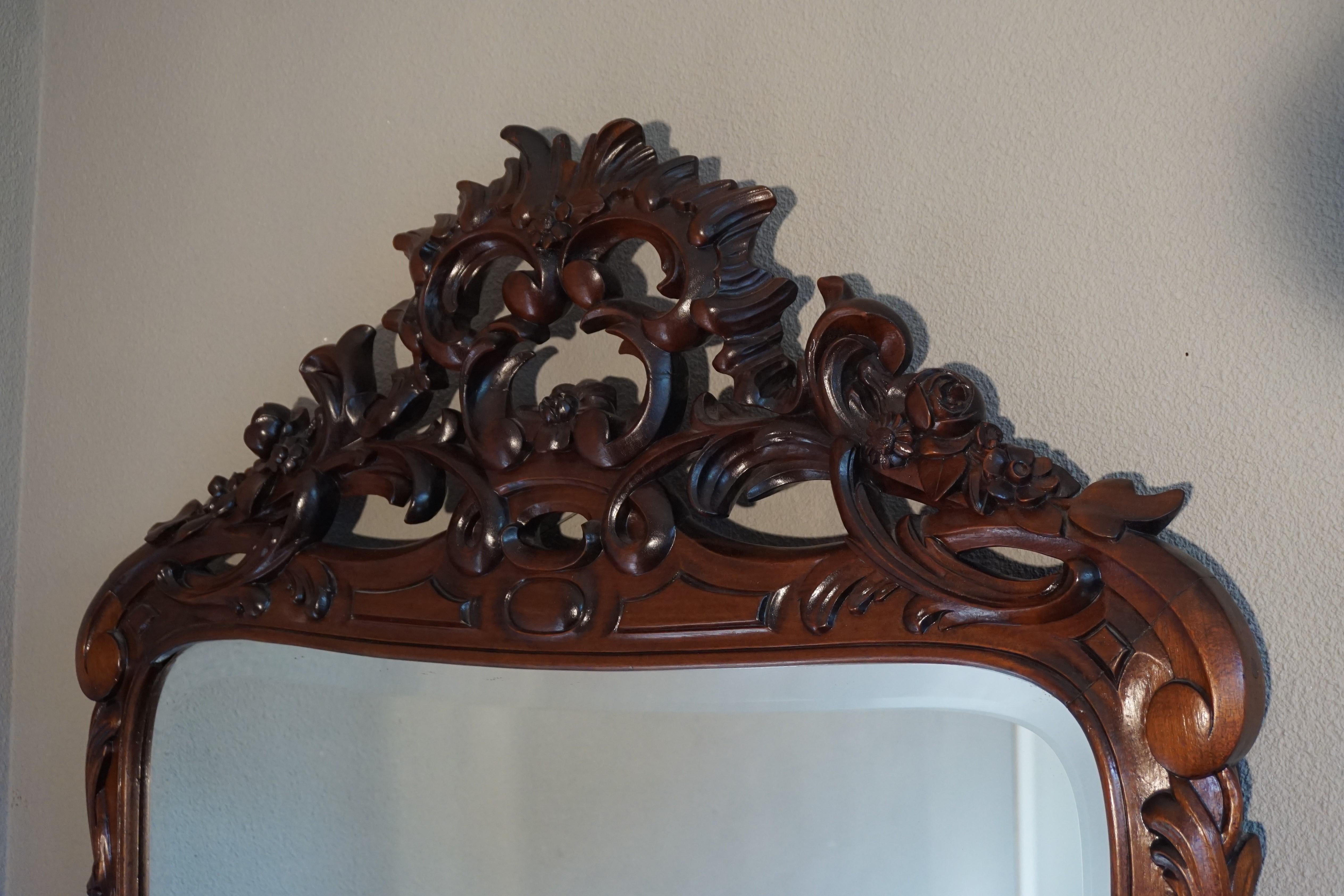 Biedermeier Antique Hand Carved 19th Century Nutwood & Beveled Wall or Fireplace Mirror For Sale