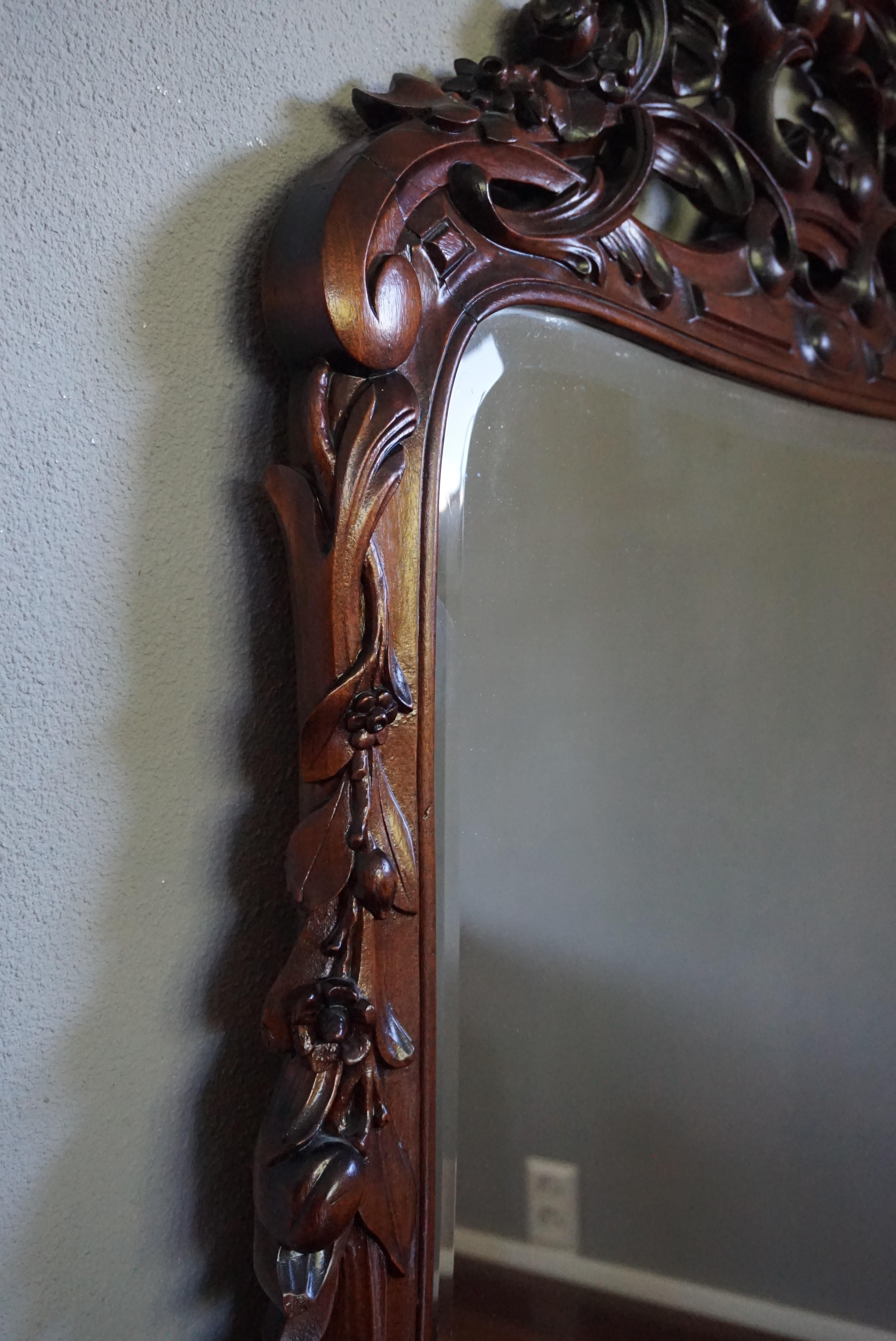European Antique Hand Carved 19th Century Nutwood & Beveled Wall or Fireplace Mirror For Sale