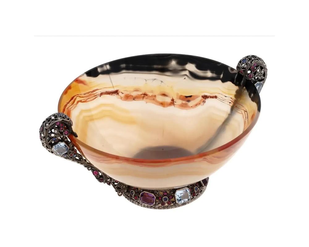 Unknown Antique Hand Carved Agate Silver Stone Mounted Bowl