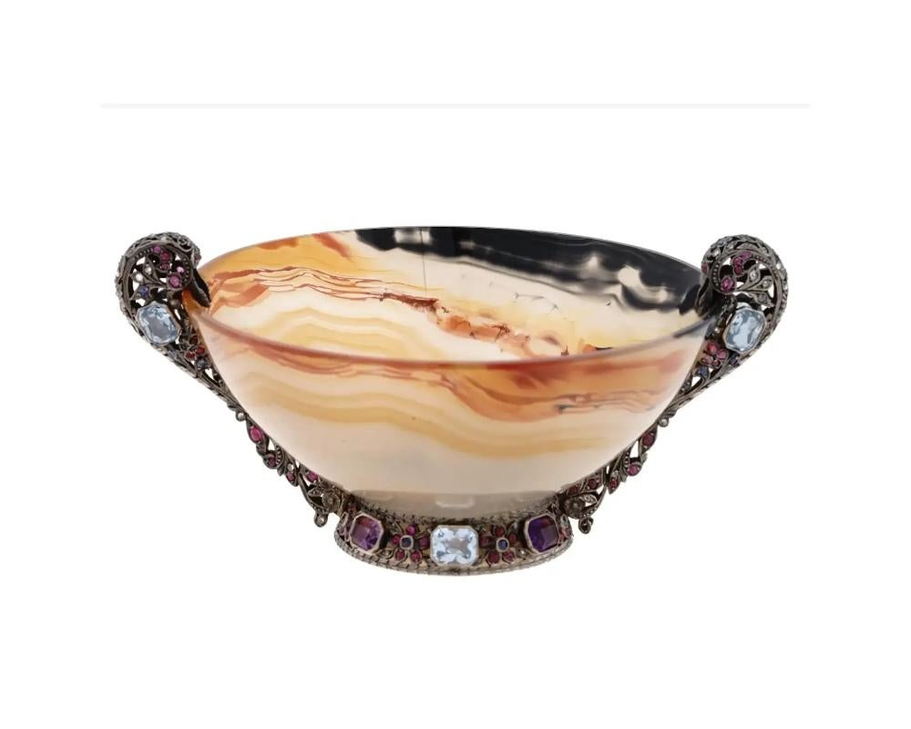Hand-Carved Antique Hand Carved Agate Silver Stone Mounted Bowl