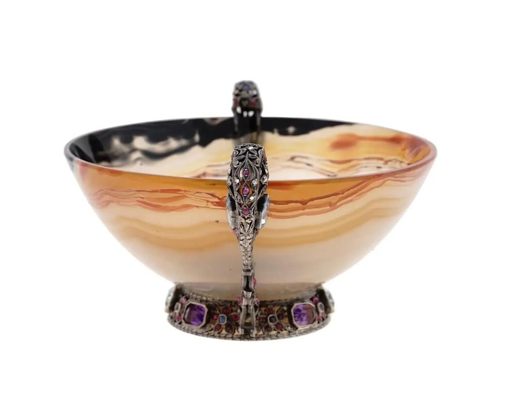 Antique Hand Carved Agate Silver Stone Mounted Bowl In Good Condition In New York, NY
