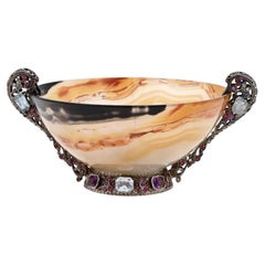 Antique Hand Carved Agate Silver Stone Mounted Bowl