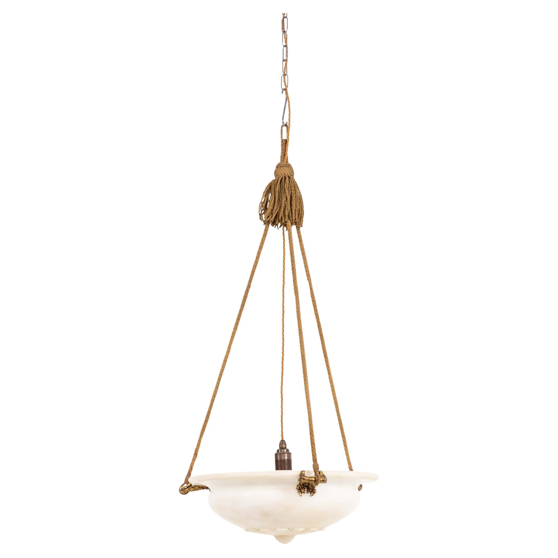 Antique Hand Carved Alabaster Plafonnier Ceiling Light Pendant, C.1910