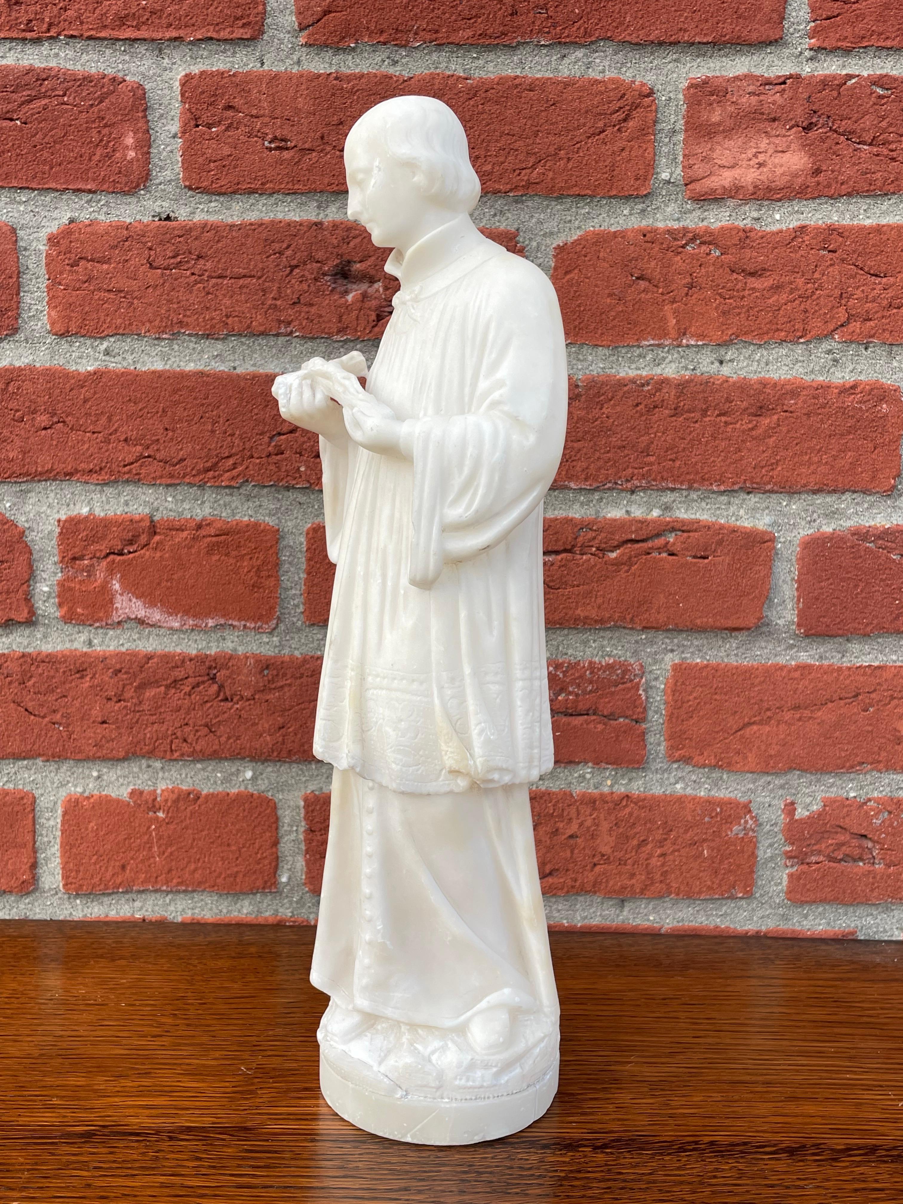 Antique Hand Carved Alabaster Saint Gerard Majella Statue / Gerardo Maiella 1900 For Sale 7