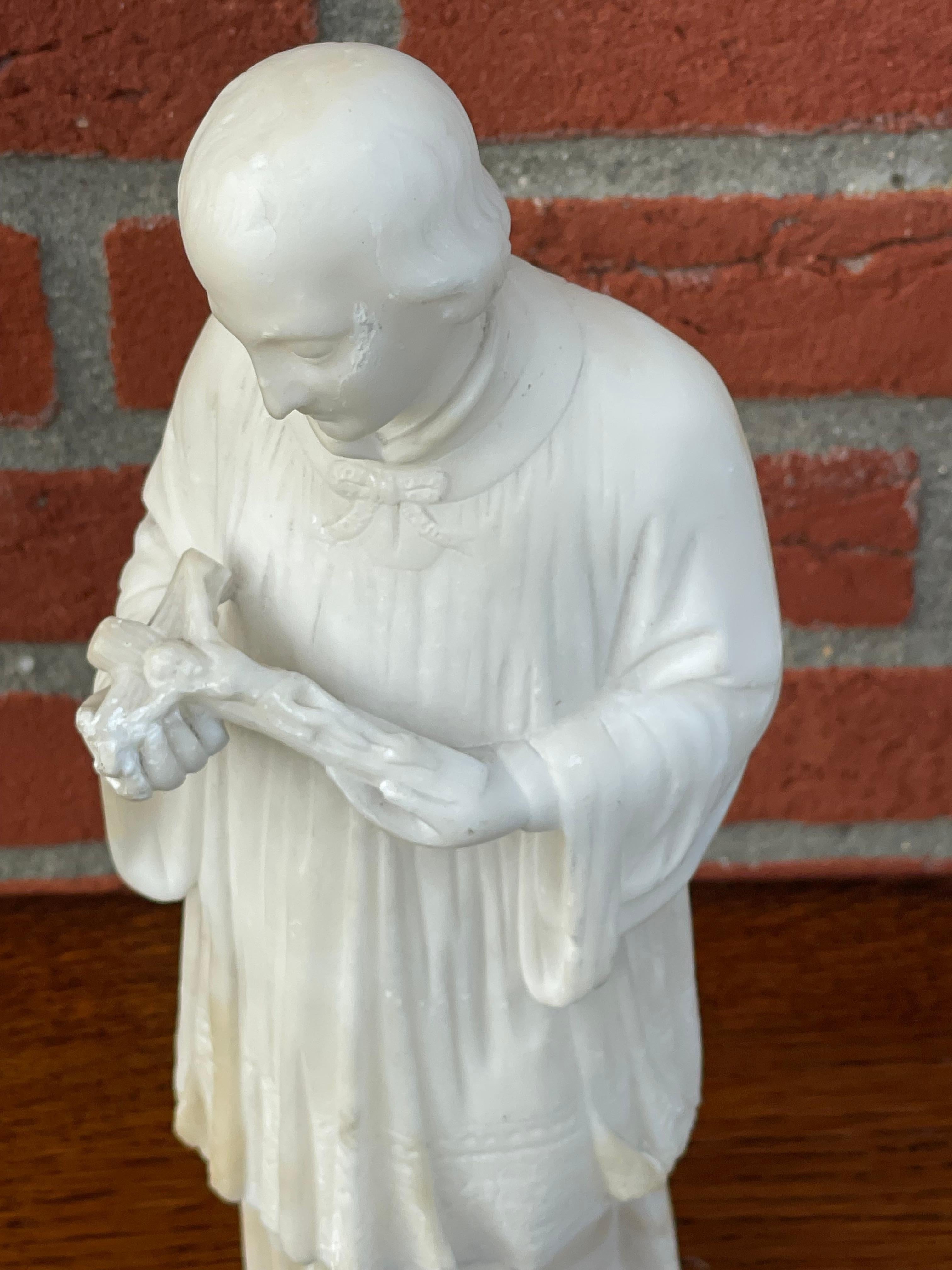 Italian Antique Hand Carved Alabaster Saint Gerard Majella Statue / Gerardo Maiella 1900 For Sale