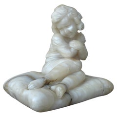 Antique Hand Carved Alabaster Sculpture of a Smiling Shy Girl by Emilio Fiasschi