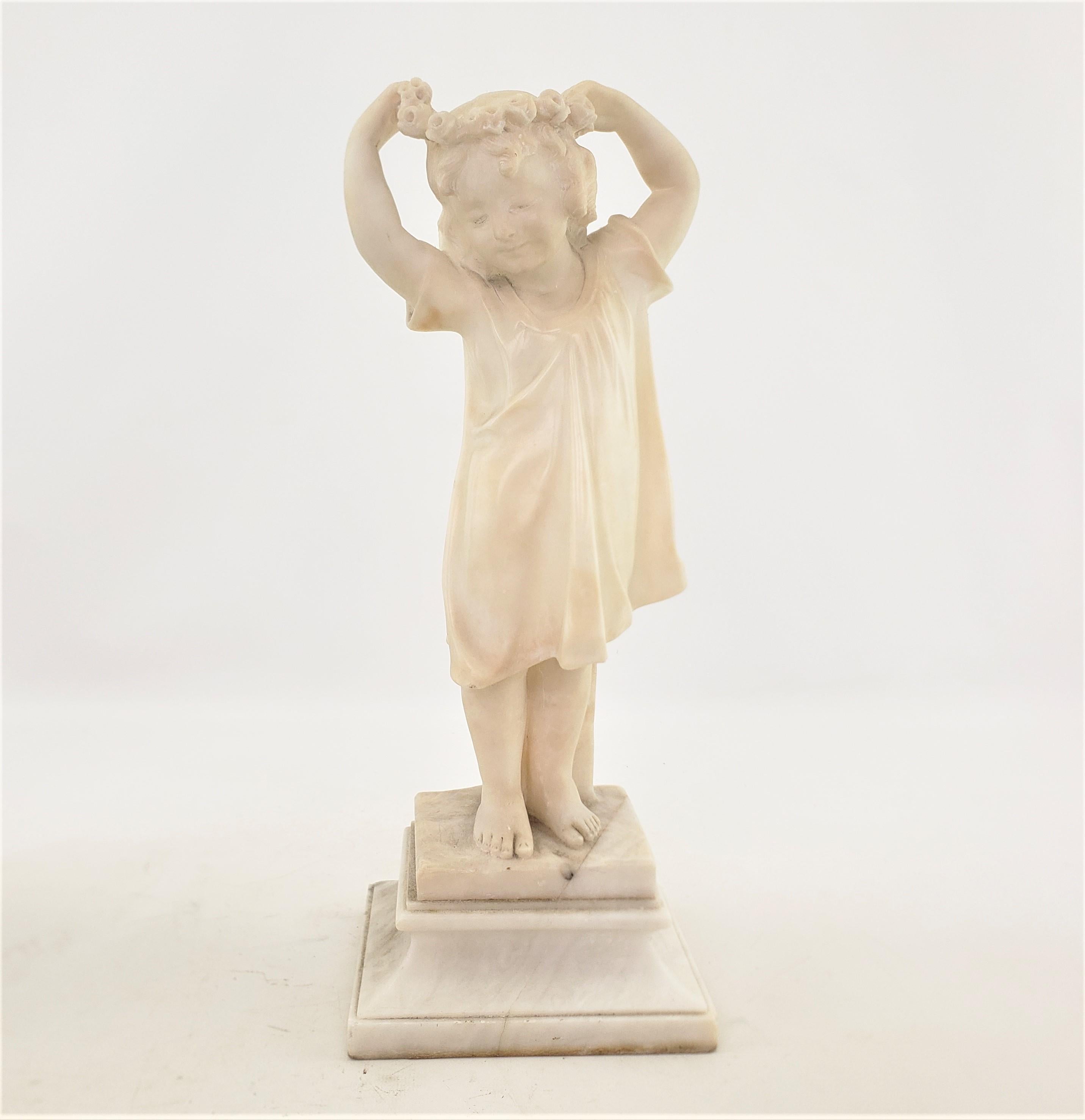 Late Victorian Antique Hand-Carved Alabaster Sculpture of a Young Girl with Flowered Headband