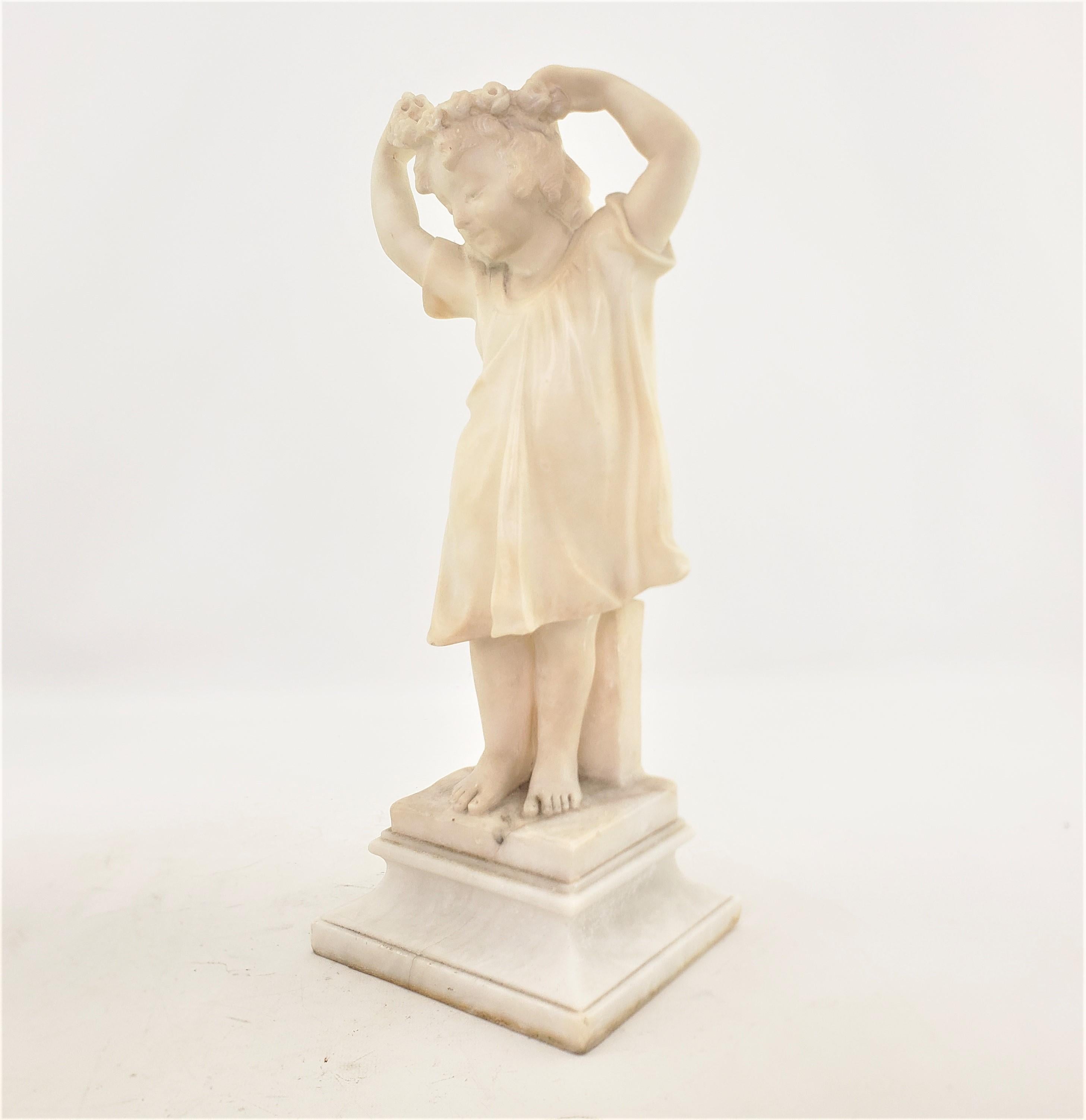 Italian Antique Hand-Carved Alabaster Sculpture of a Young Girl with Flowered Headband