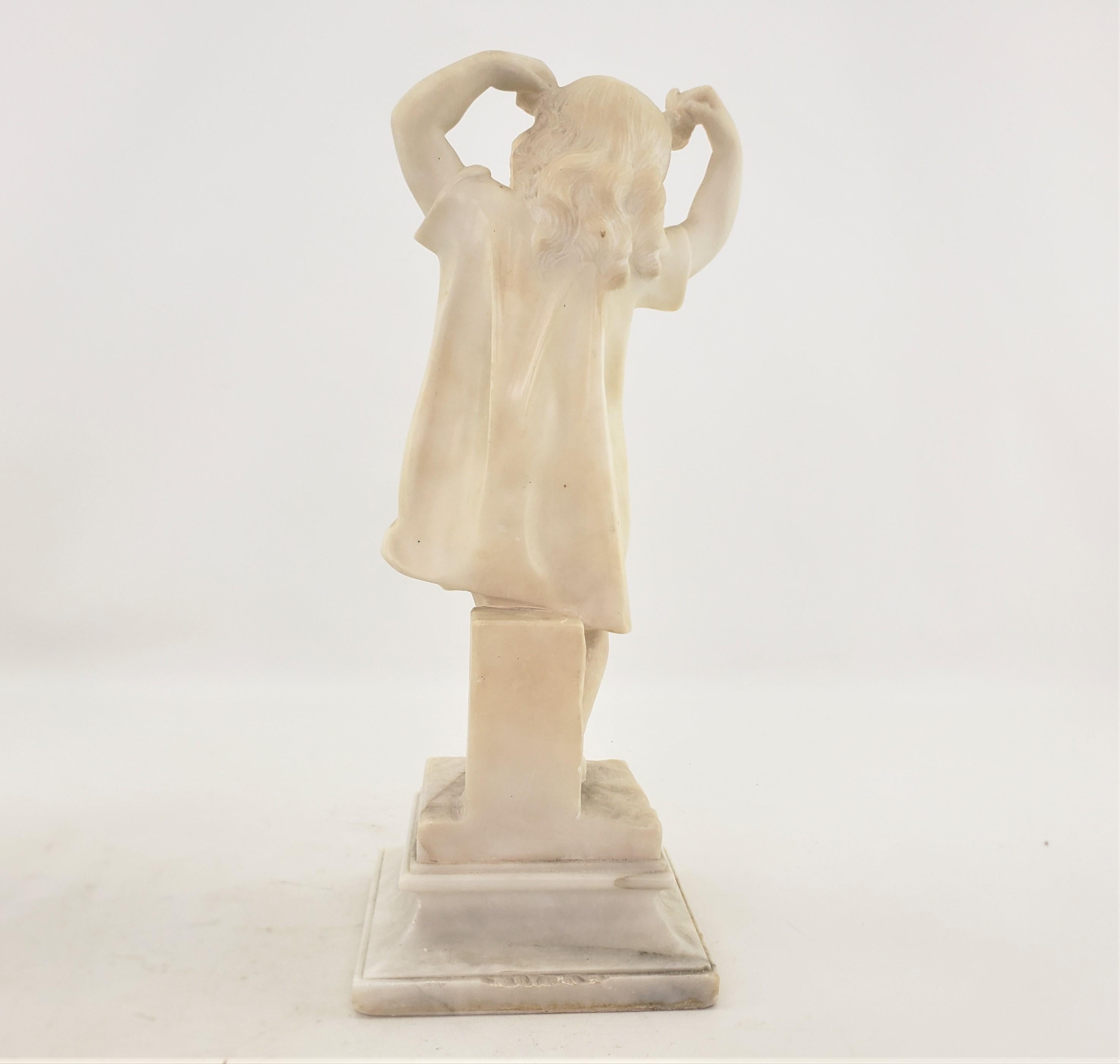 19th Century Antique Hand-Carved Alabaster Sculpture of a Young Girl with Flowered Headband