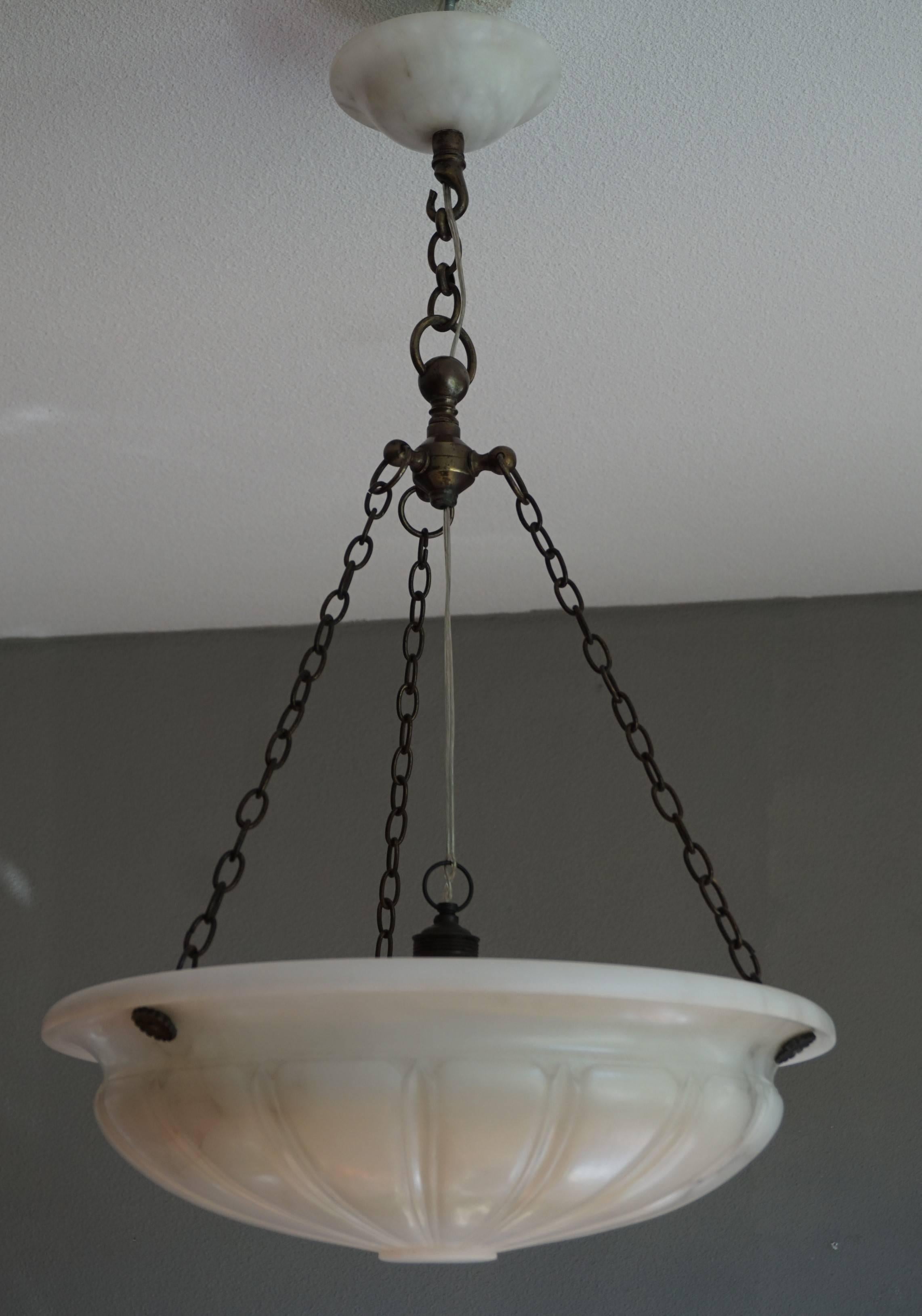 Neoclassical Revival Antique Hand-Carved and All Original Large Alabaster Pendant with Brass Chains