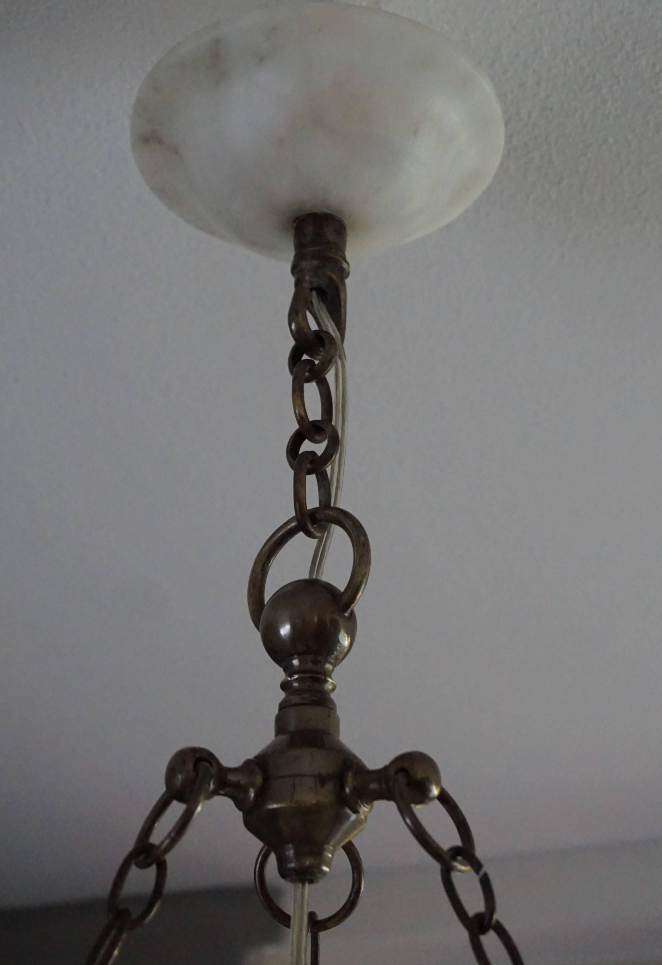 Antique Hand-Carved and All Original Large Alabaster Pendant with Brass Chains 1