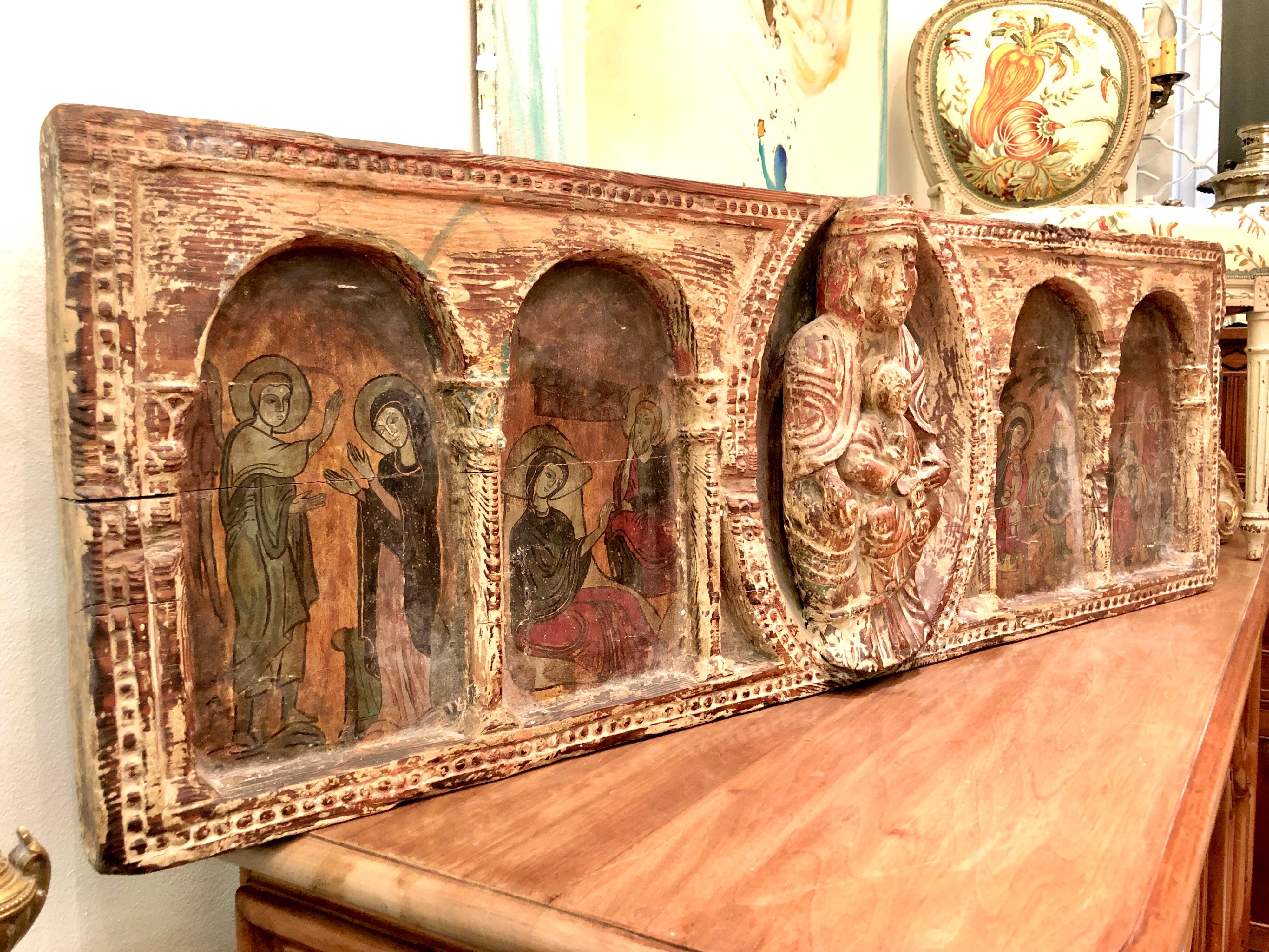 French Antique Hand Carved and Hand Painted Large Piece of an Altar with Four Scenes