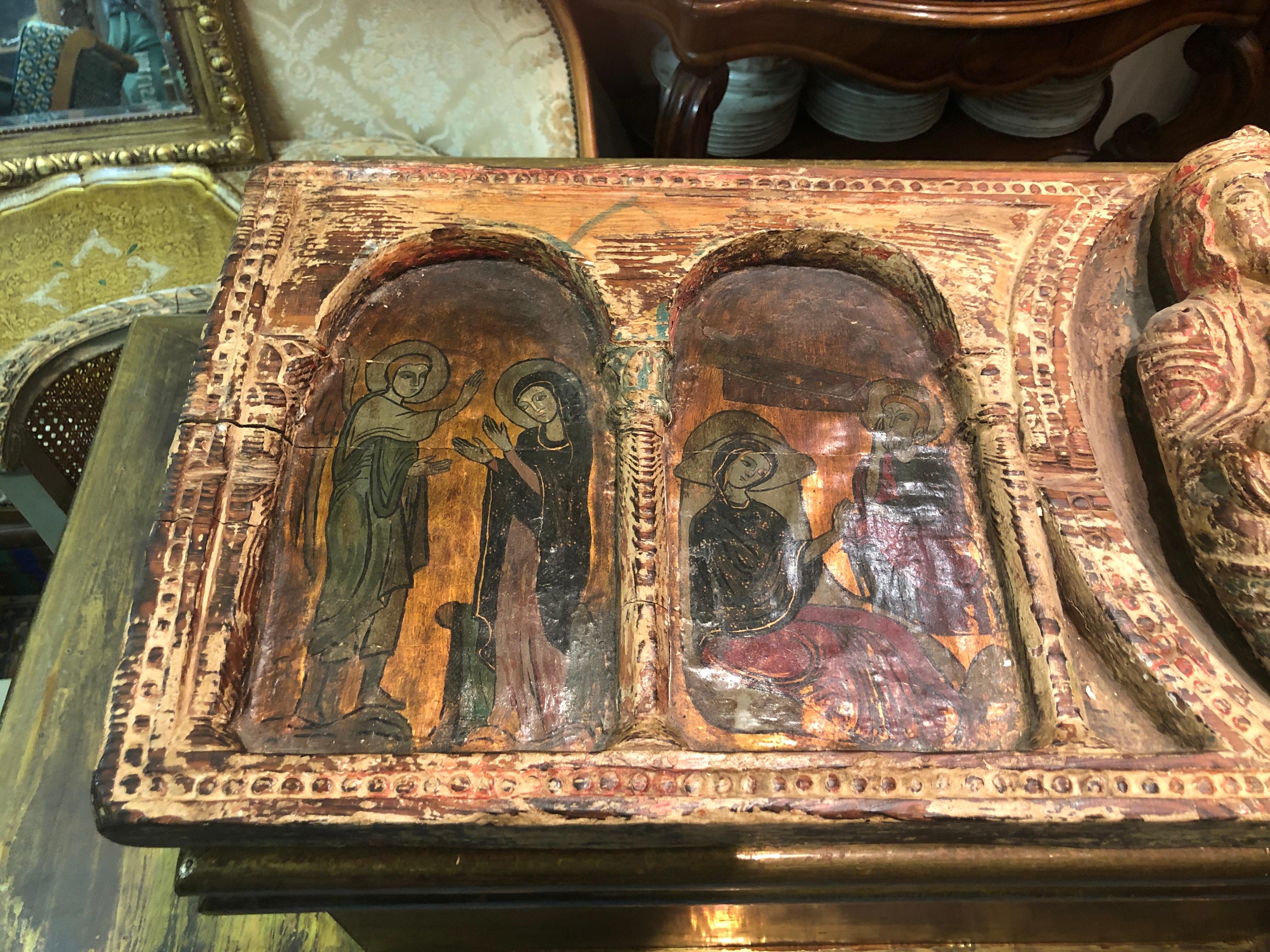 Hand-Carved Antique Hand Carved and Hand Painted Large Piece of an Altar with Four Scenes