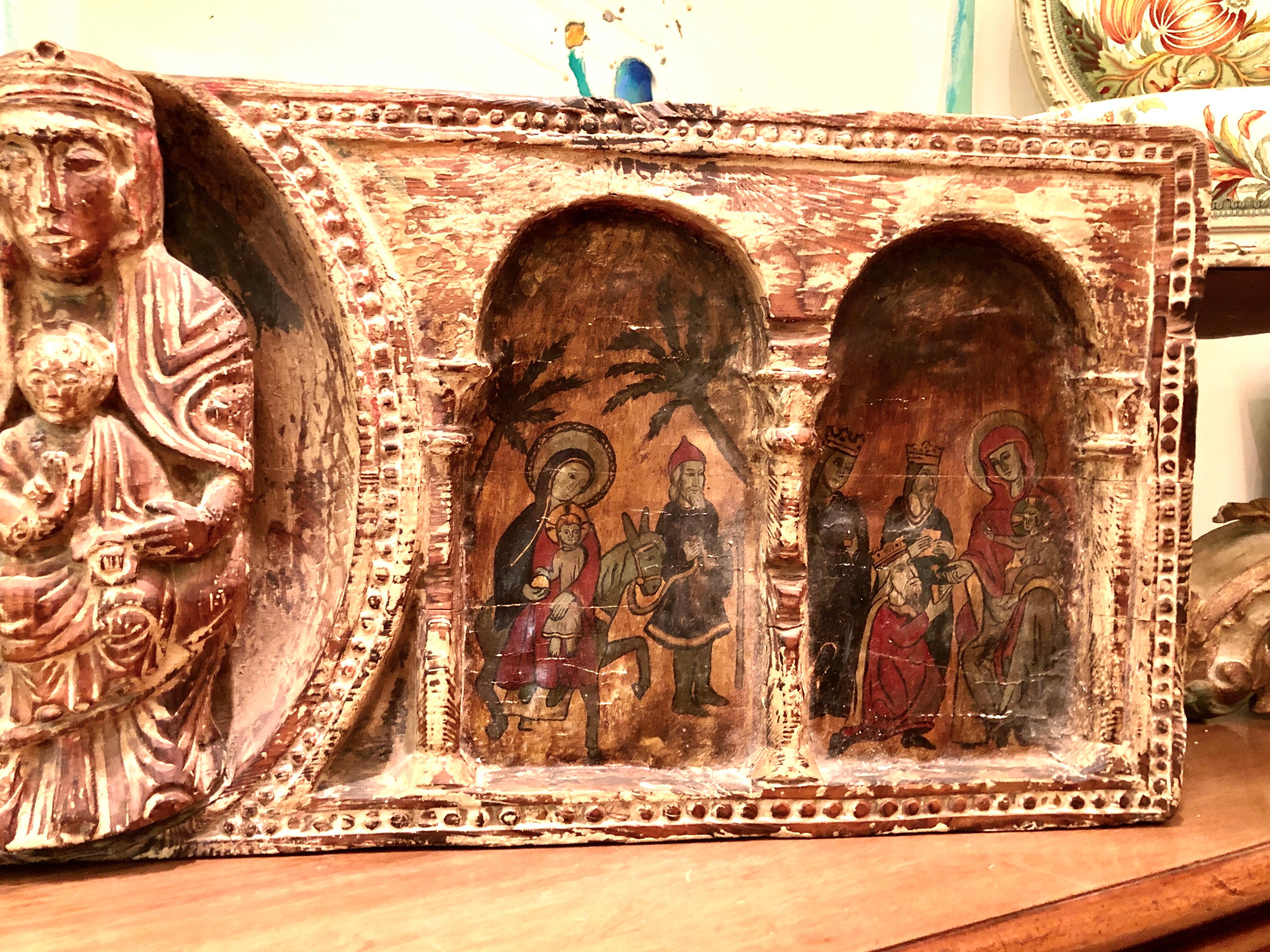 19th Century Antique Hand Carved and Hand Painted Large Piece of an Altar with Four Scenes