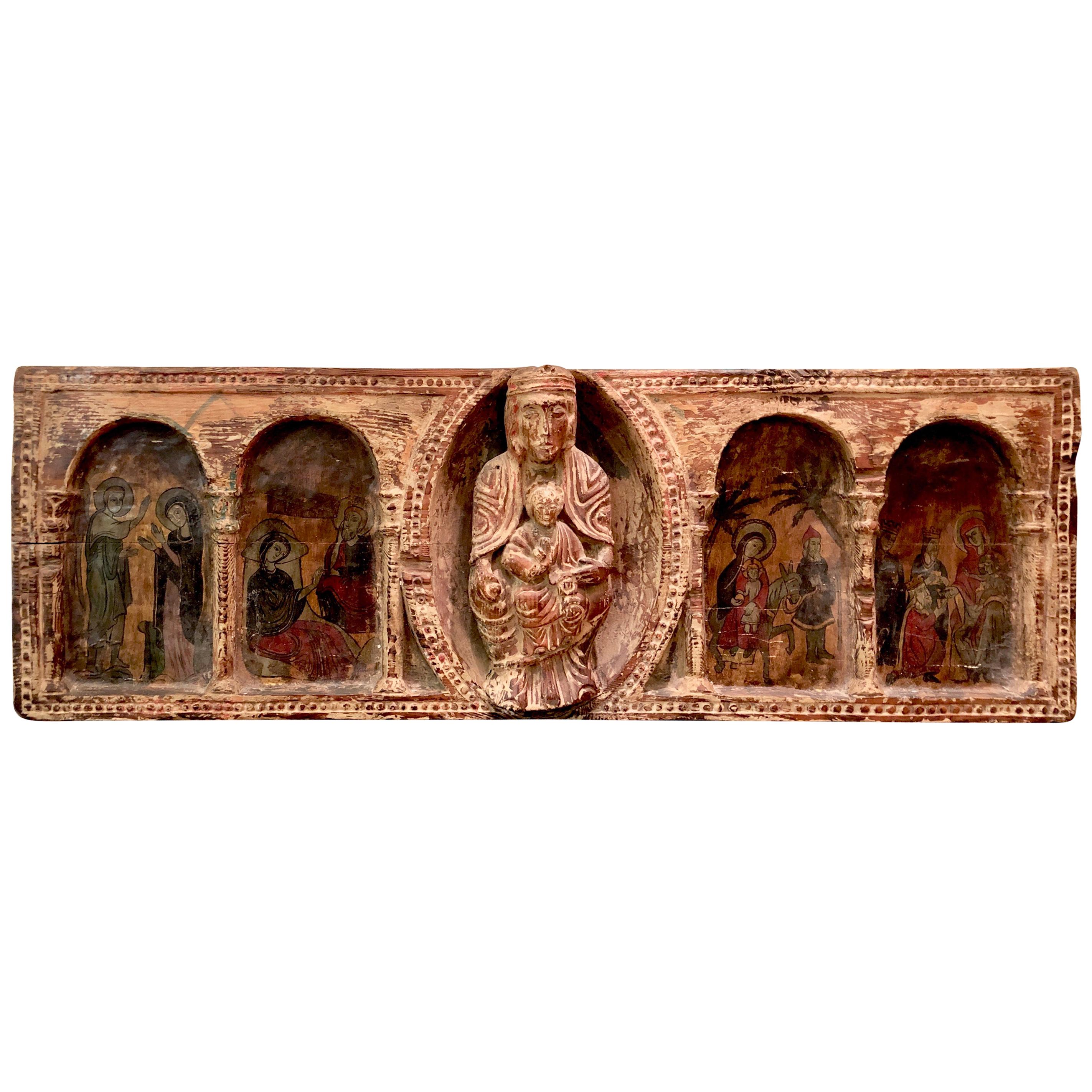 Antique Hand Carved and Hand Painted Large Piece of an Altar with Four Scenes