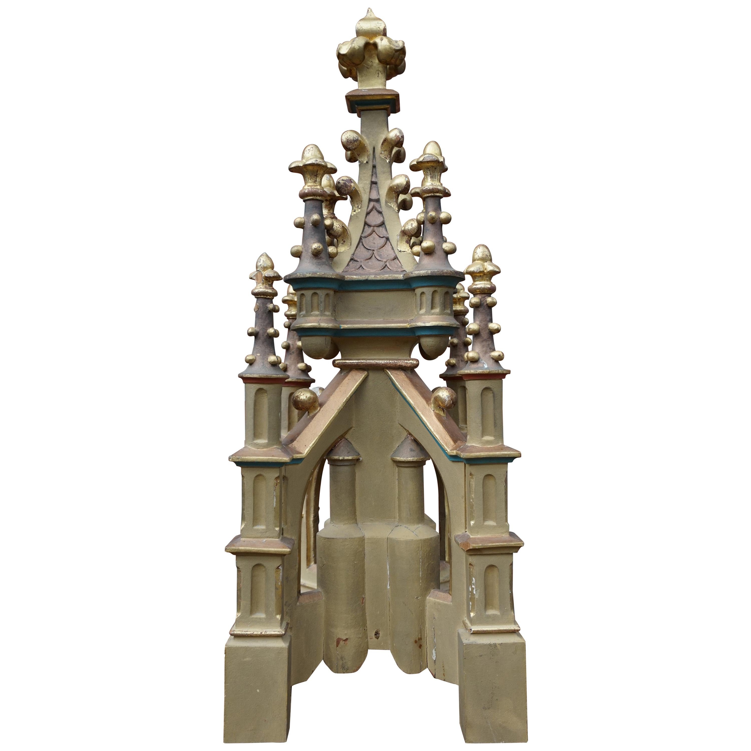 Antique Hand Carved and Hand Painted Wooden Gothic Tower Model with Gilt Finials