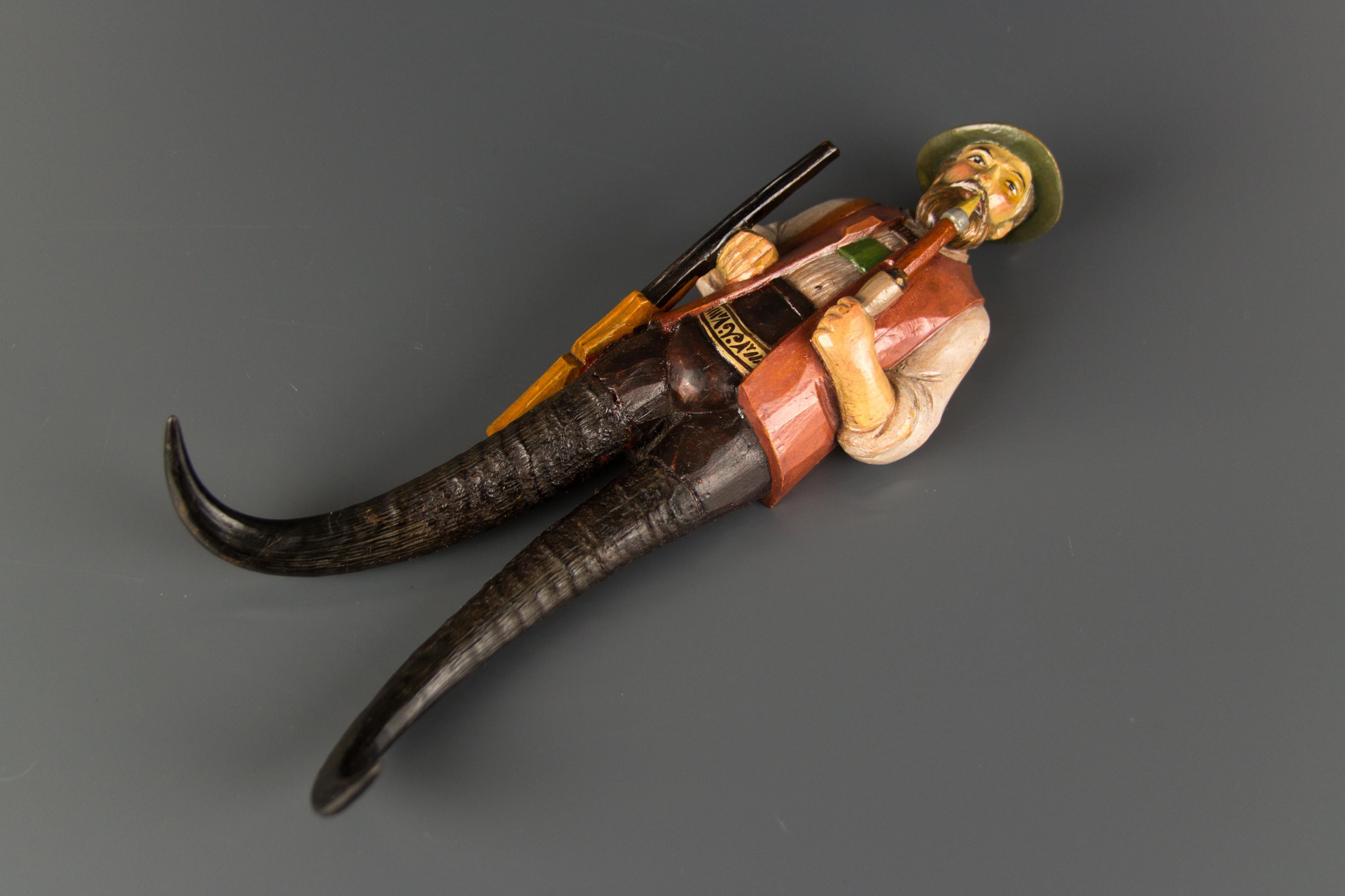 Hand-Carved Antique Hand Carved and Painted Hunter Figure Whip Holder or Hanger, 1900s For Sale