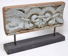 Antique Hand-Carved Architectural Wooden Floral Motif Panel with White Polychrom