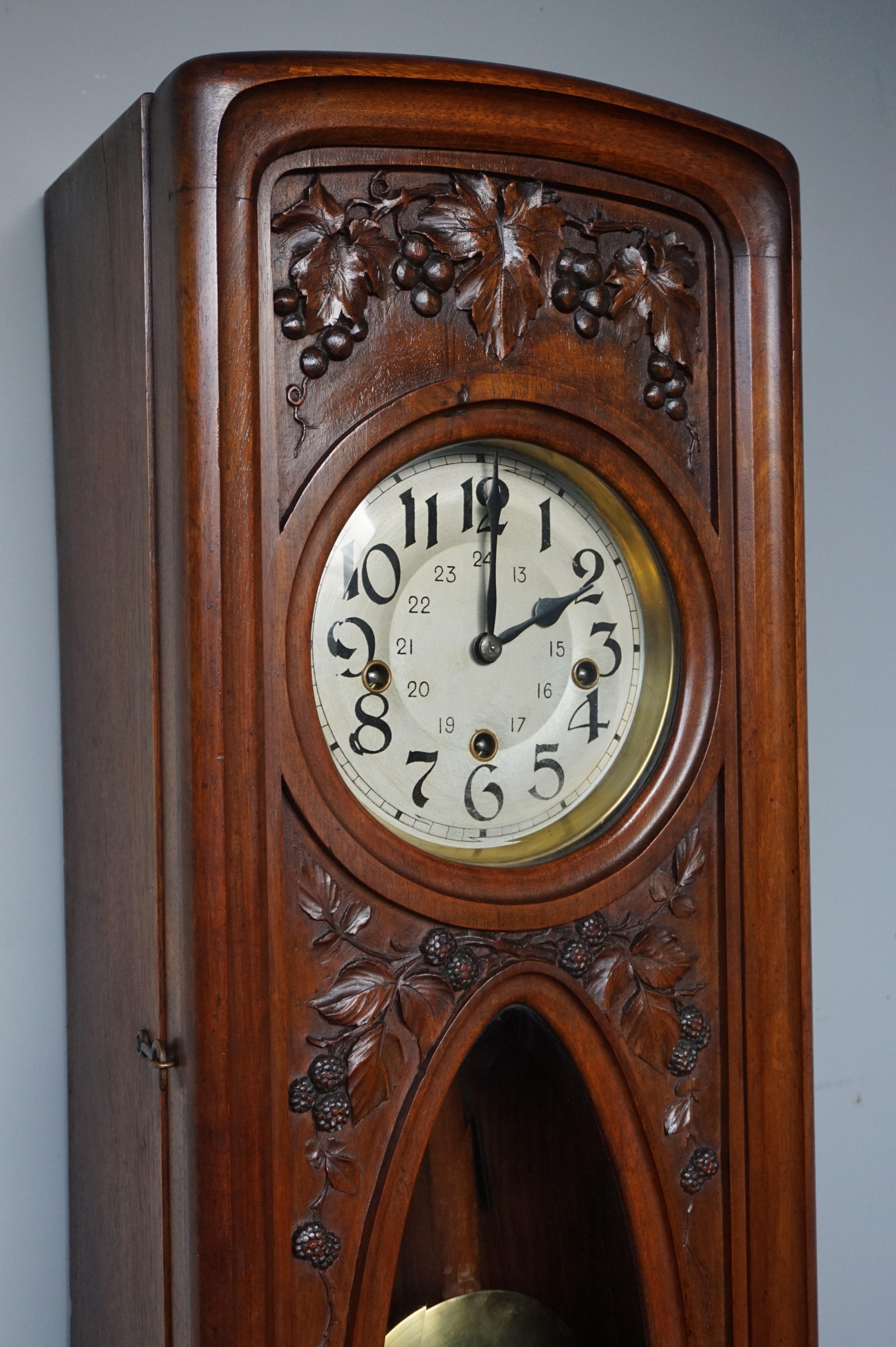 20th Century Antique Hand Carved Arts & Crafts Wall Clock with Grape and Blackberry Branches