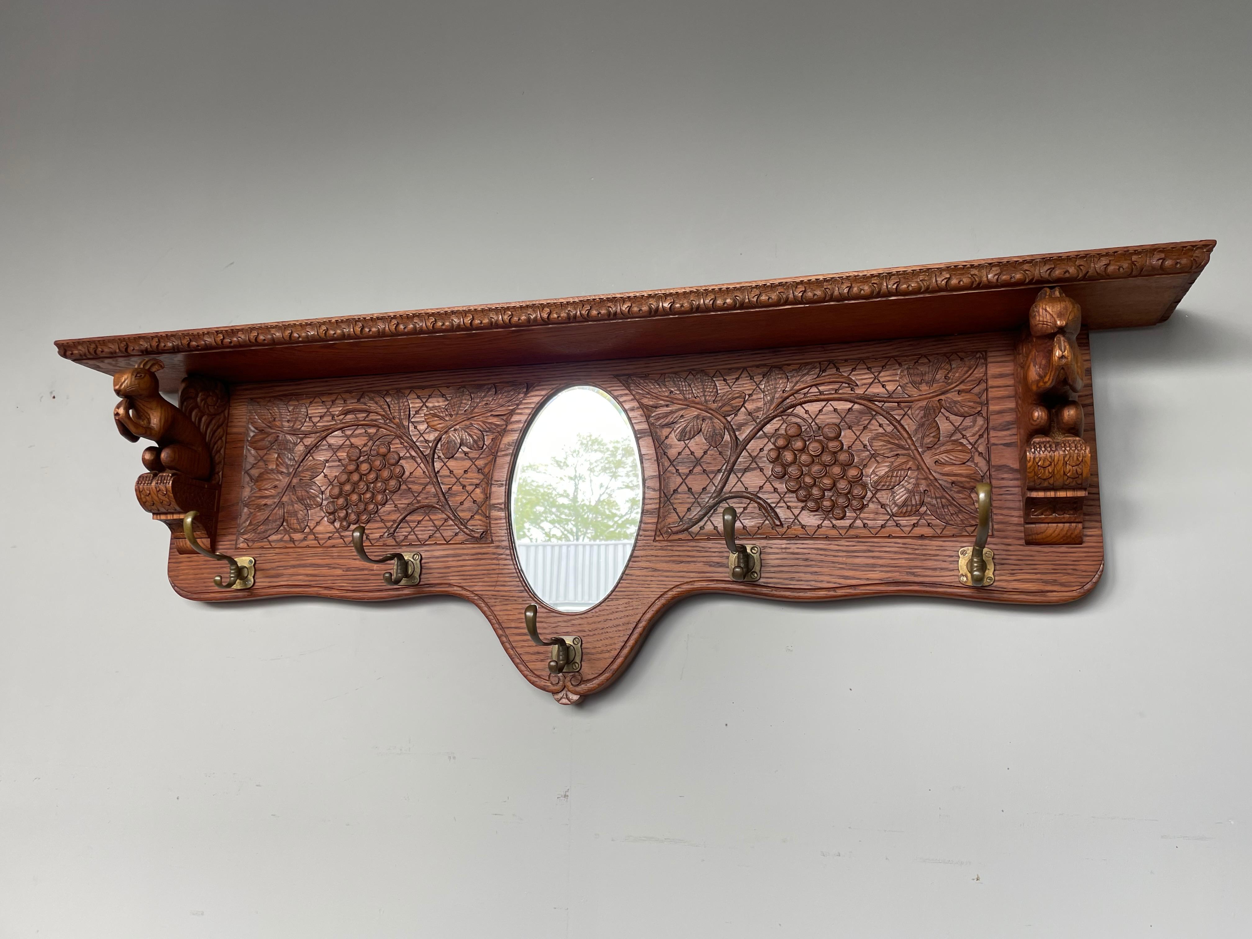 Beveled Antique Hand Carved Arts and Crafts Wall Coat Rack with Squirrel Sculptures
