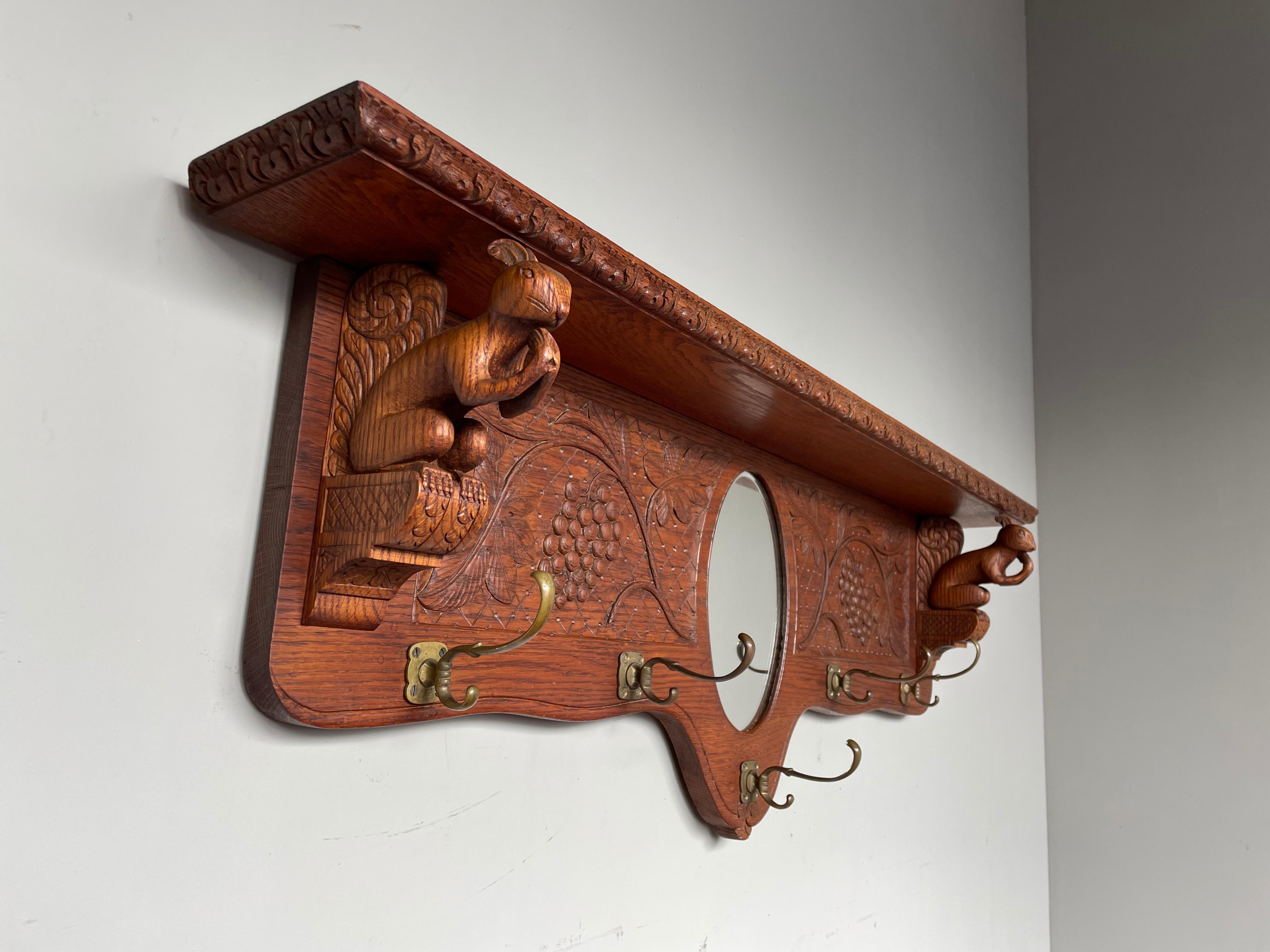 Antique Hand Carved Arts and Crafts Wall Coat Rack with Squirrel Sculptures 1