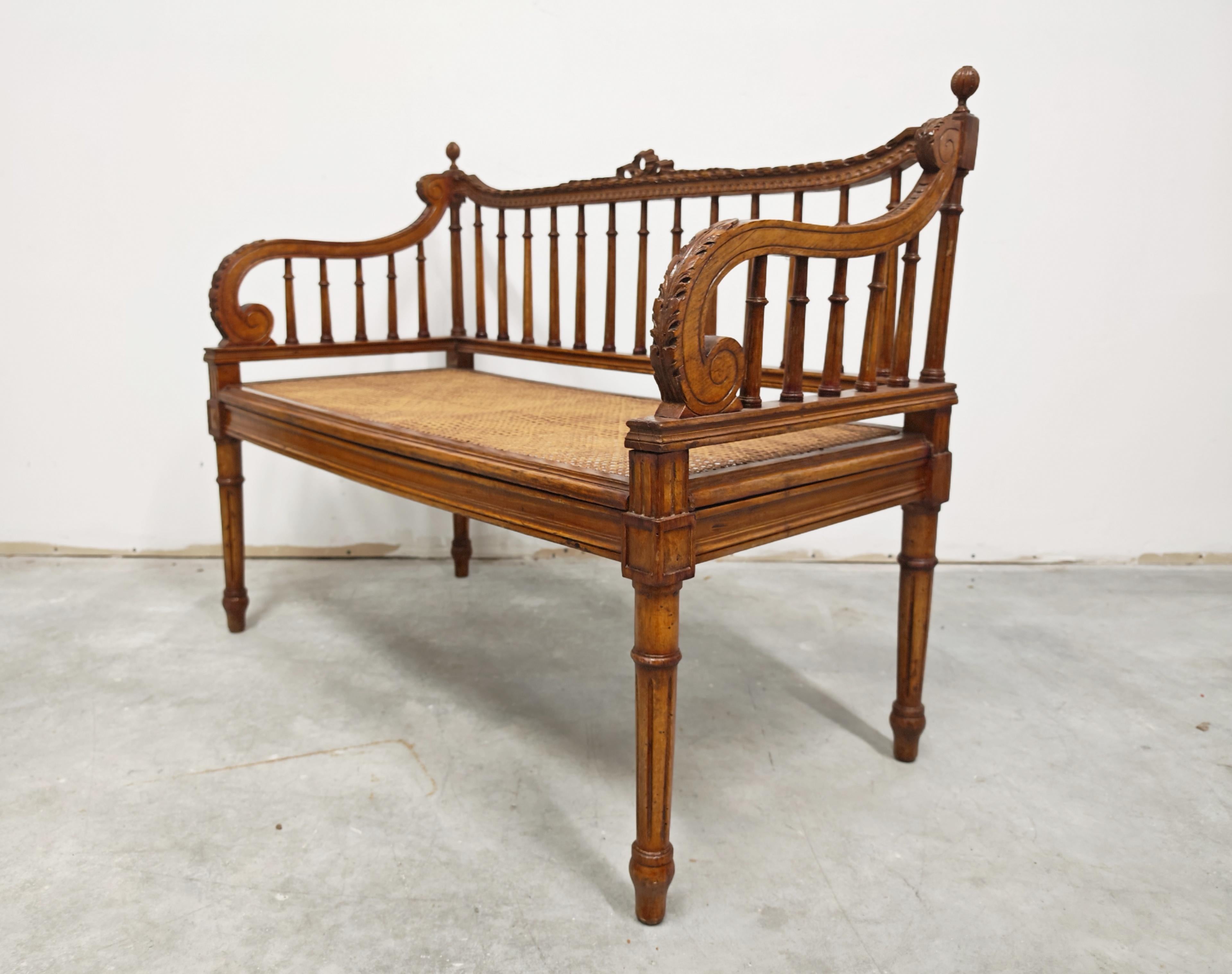 Antique hand-carved Bench done in style of Louis XVI with hand-woven cane seat For Sale 4