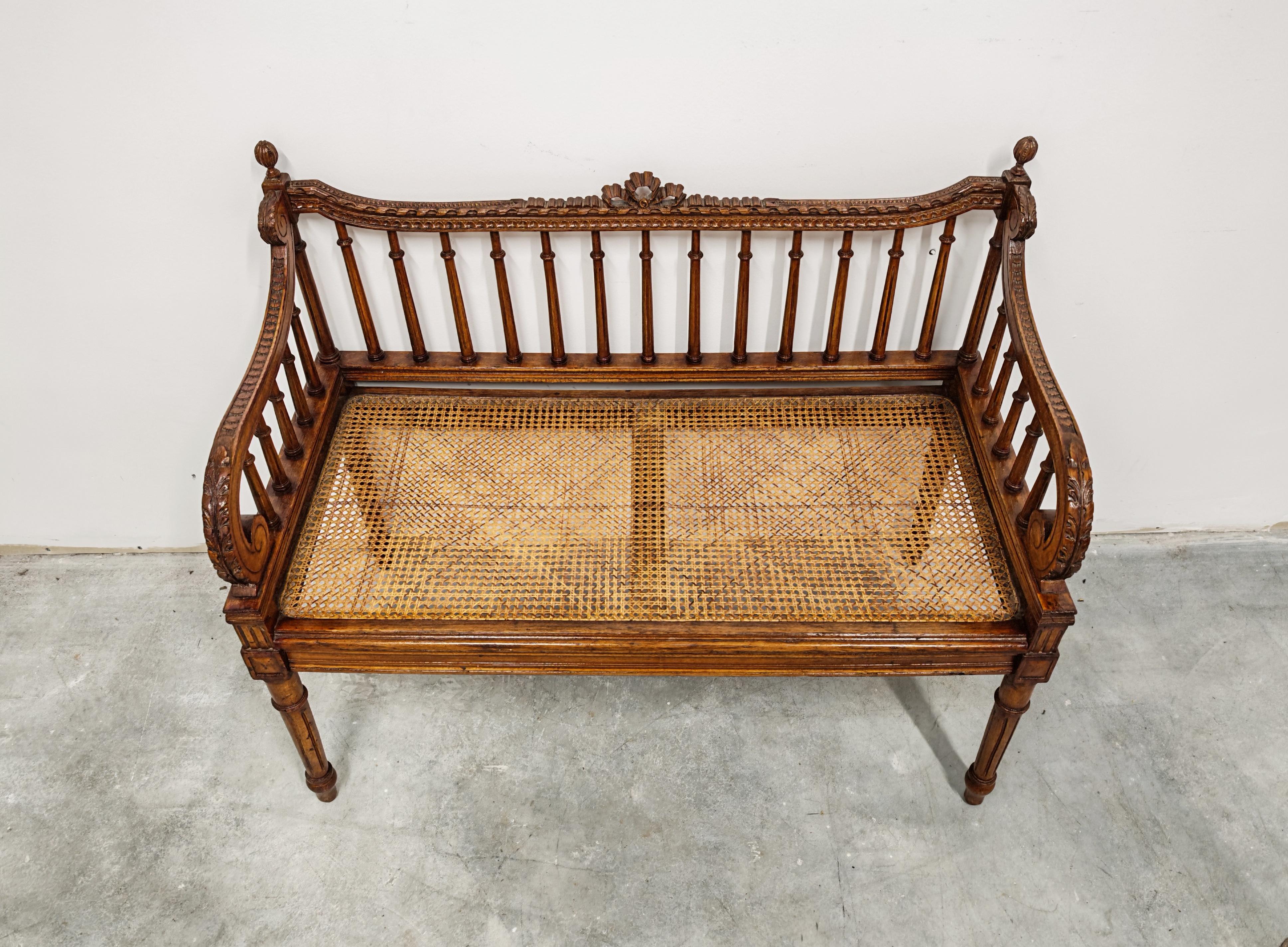 Antique hand-carved Bench done in style of Louis XVI with hand-woven cane seat For Sale 5