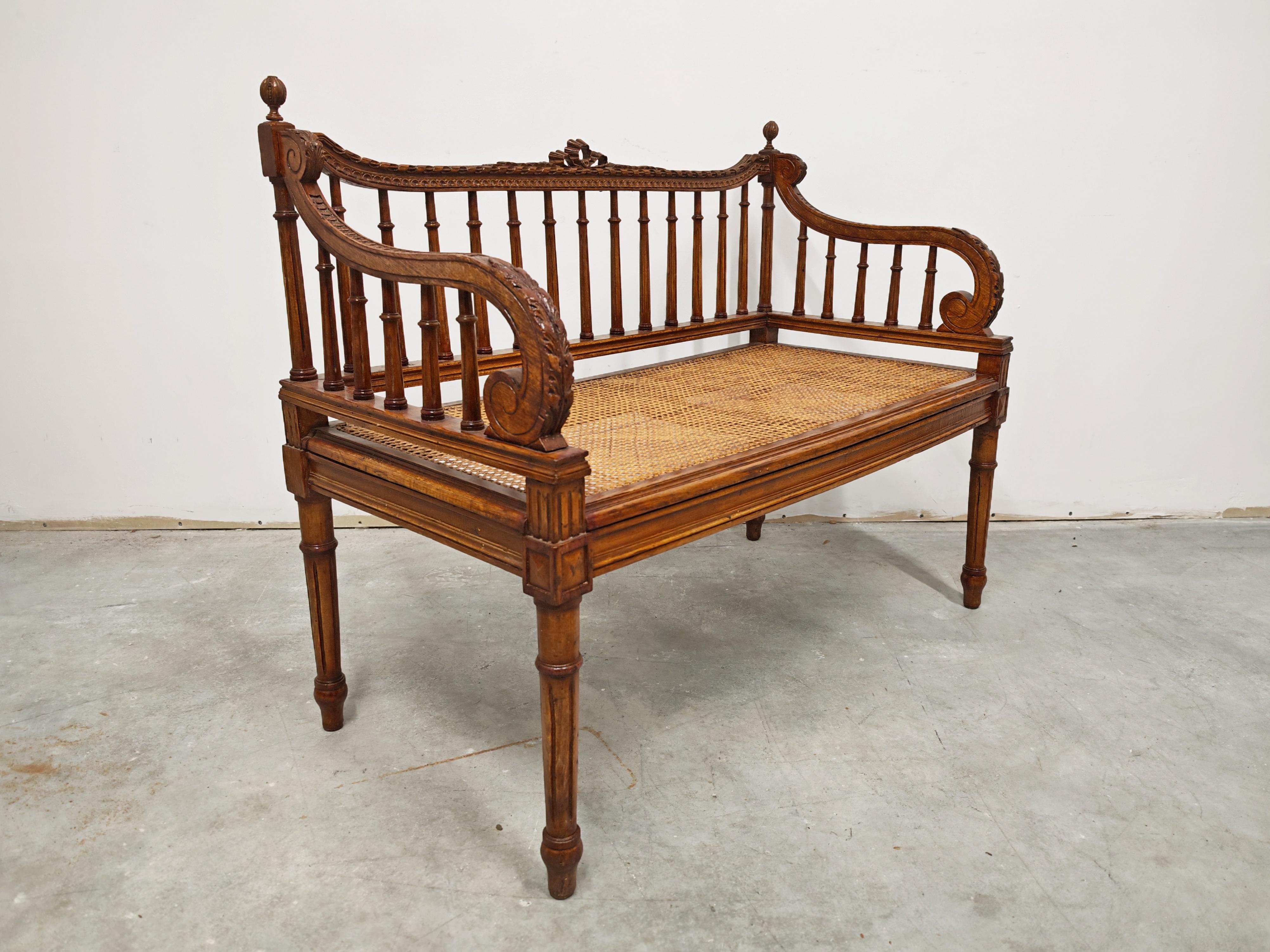 French Antique hand-carved Bench done in style of Louis XVI with hand-woven cane seat For Sale