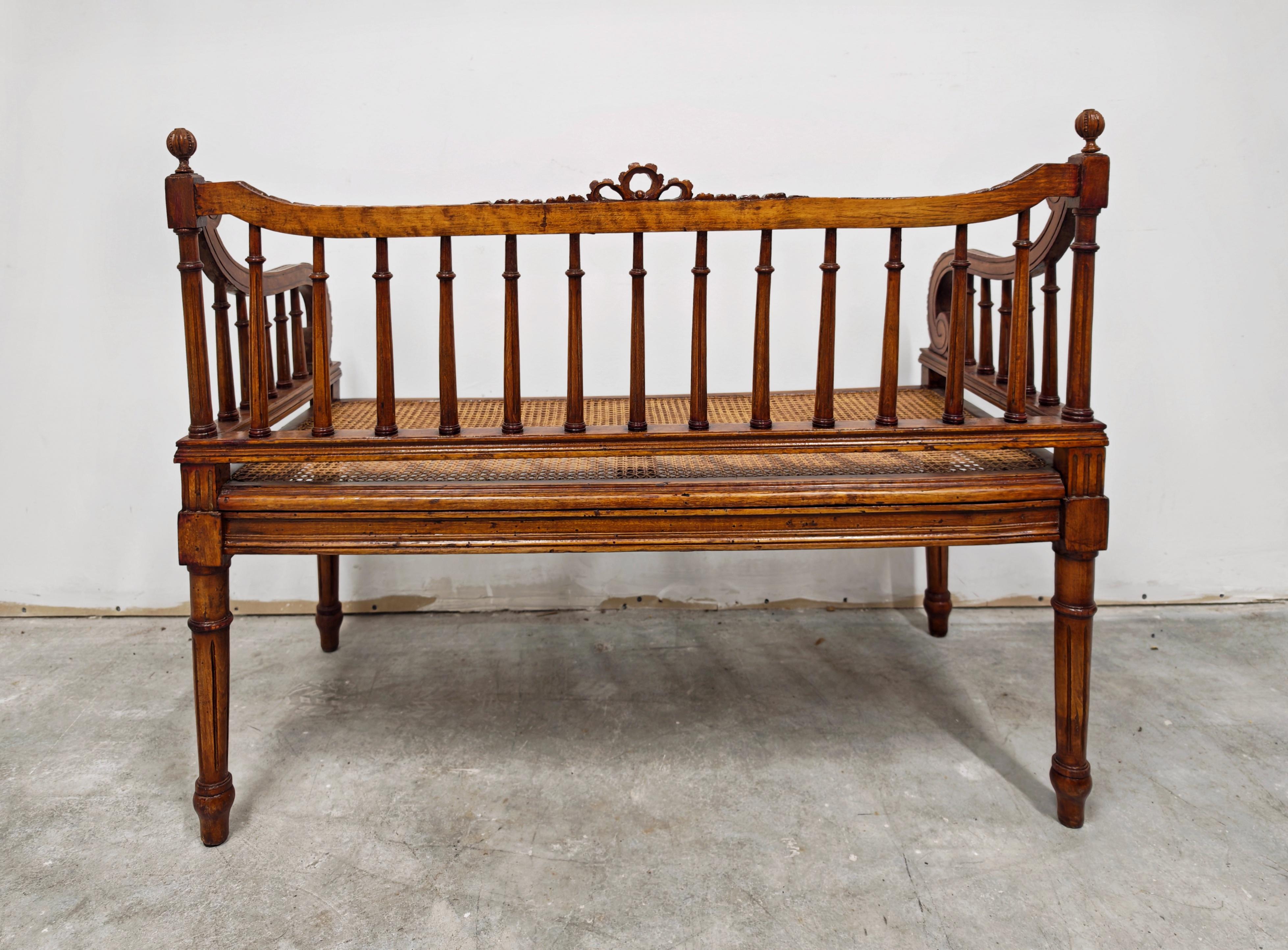 Cane Antique hand-carved Bench done in style of Louis XVI with hand-woven cane seat For Sale